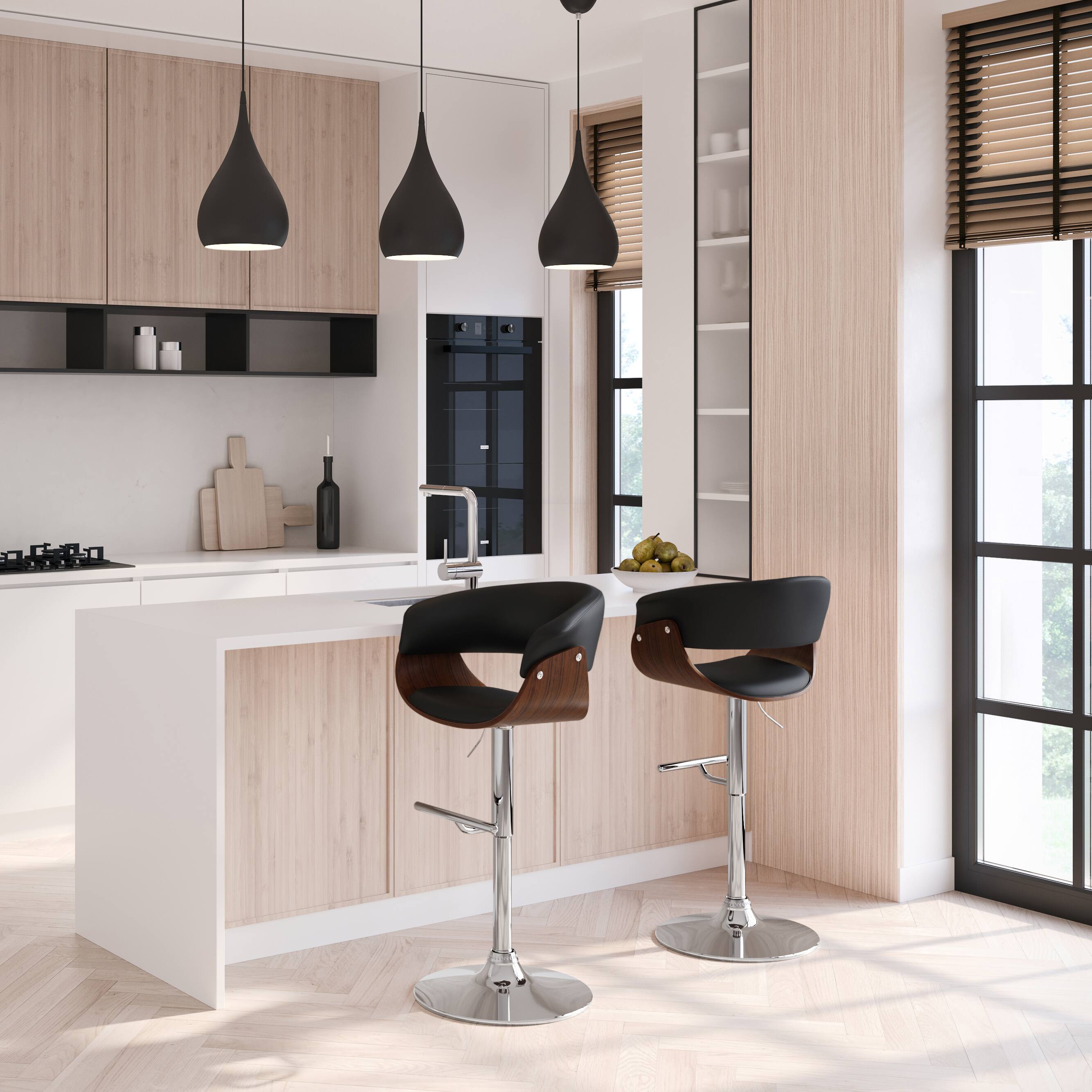 Angle. Simpli Home - Sheldon Mid Century Modern 34 inch Adjustable Swivel Bar Stool in Black Vegan Faux Leather - Black.