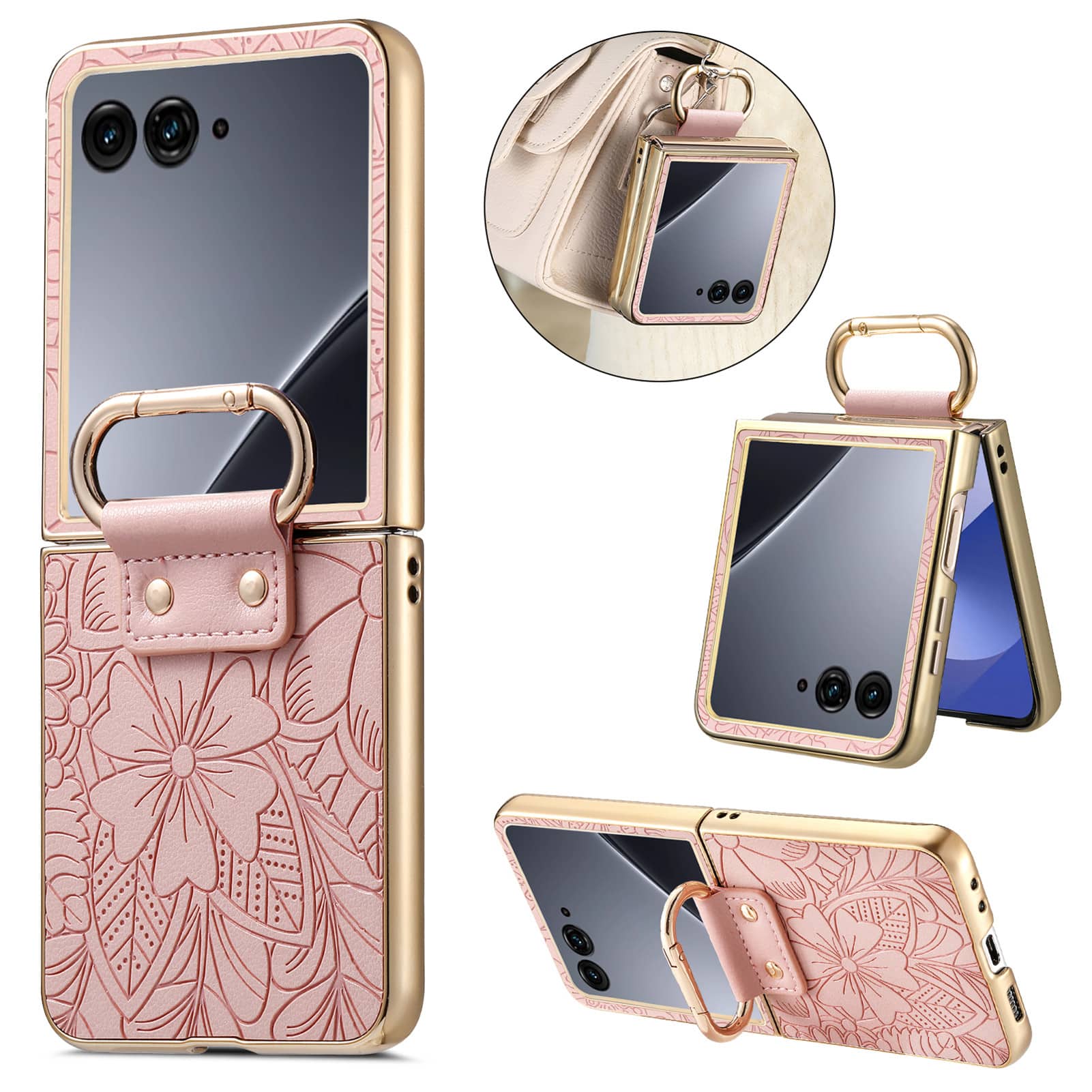 Dteck - Shockproof Floral Leather Texture Case for Motorola Razr+ (2024), Electroplated Rigid Plastic Cover with Ring Holder - Pink price history on PriceWatchPro