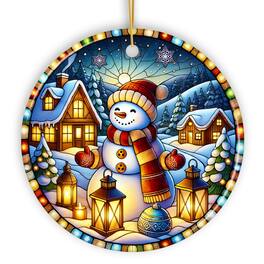 OrnamentallyYou - Enchanting Snowman with Cozy Lantern in Winter Village Ceramic Ornament for Decor Version 1 - Multi-colored