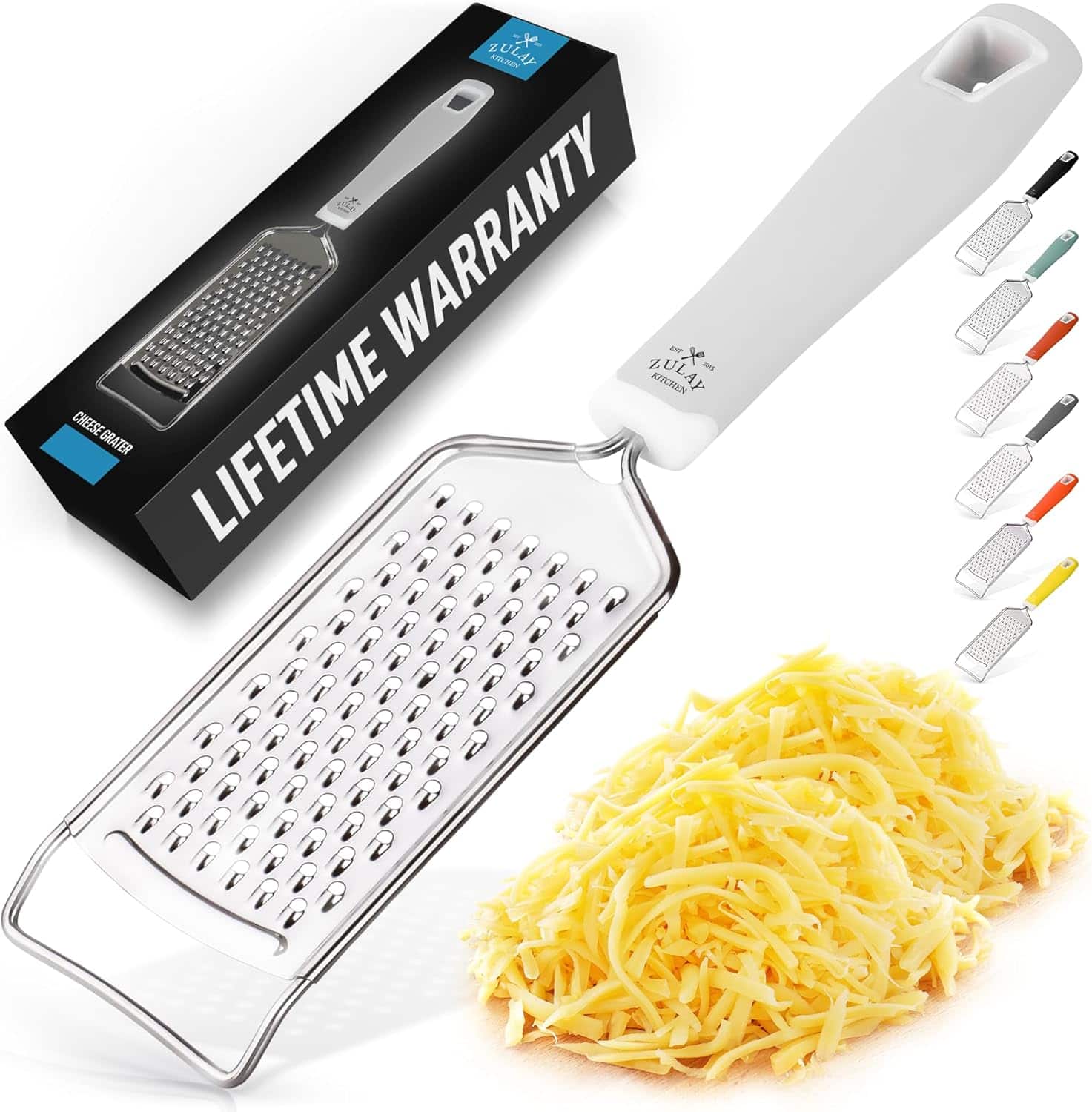 Zulay Kitchen - Professional Cheese Grater Stainless Steel - Durable Rust-Proof Metal Lemon Zester Grater With Handle - White