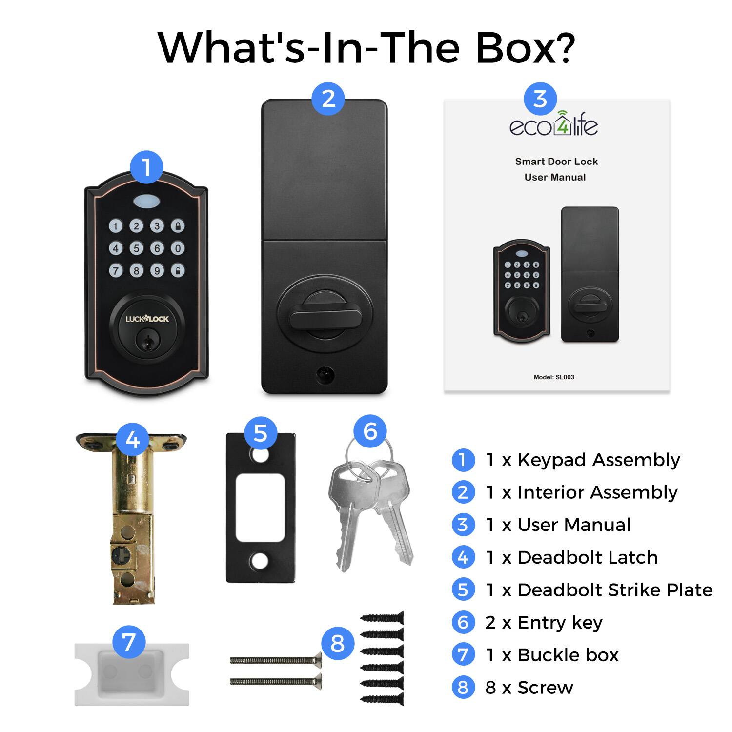What's-In-The Box?

1. Keypad Assembly
2. Interior Assembly
3. User Manual
4. Deadbolt Latch
5. Deadbolt Strike Plate
6. Entry Key
7. Buckle Box
8. Screw

1 x Keypad Assembly  
1 x Interior Assembly  
1 x User Manual  
1 x Deadbolt Latch  
1 x Deadbolt Strike Plate  
2 x Entry Key  
1 x Buckle Box  
8 x Screw  

Model: SL003