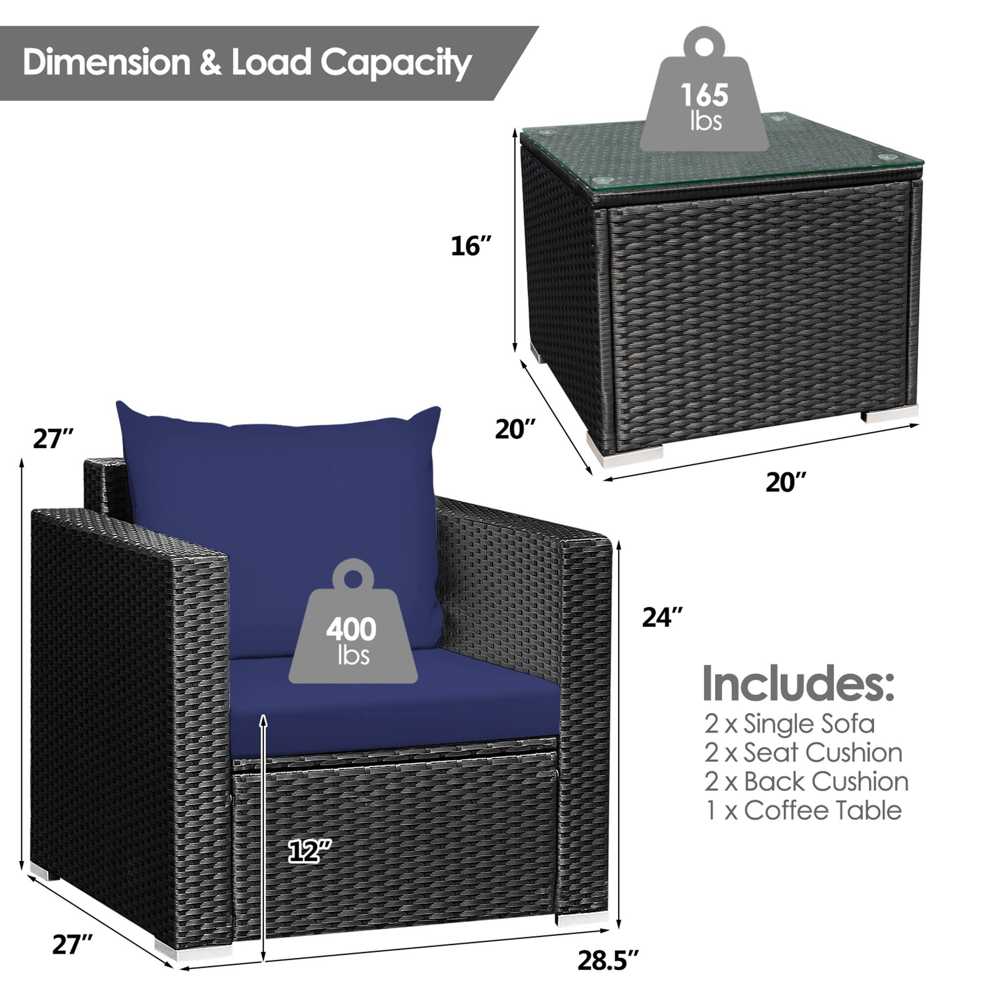 Dimension & Load Capacity

- 165 lbs
  - 16" x 20" x 20"

- 400 lbs
  - 12" x 27" x 28.5"

Includes:
- 2 x Single Sofa
- 2 x Seat Cushion
- 2 x Back Cushion
- 1 x Coffee Table