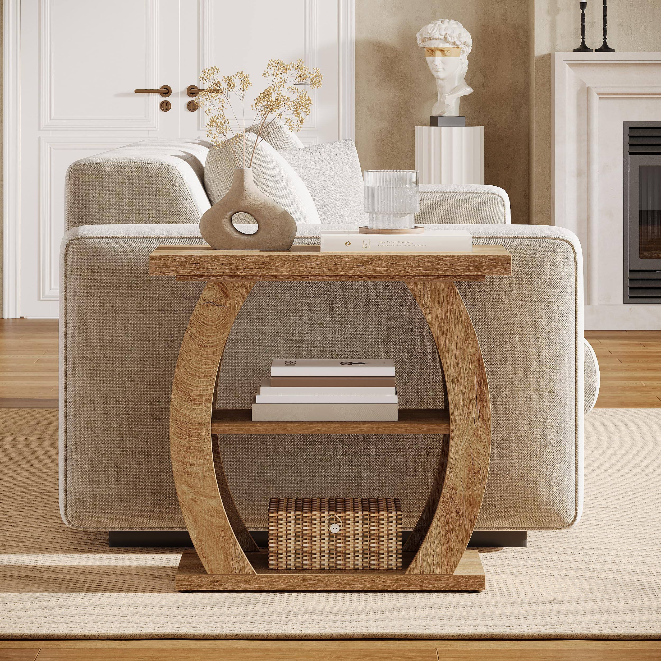 Left. Tribesigns - Side Table for Living Room, 3-Tier Wooden End Table with Curved Frame, Farmhouse Narrow Bedside Table for Small Spaces, - Natural.