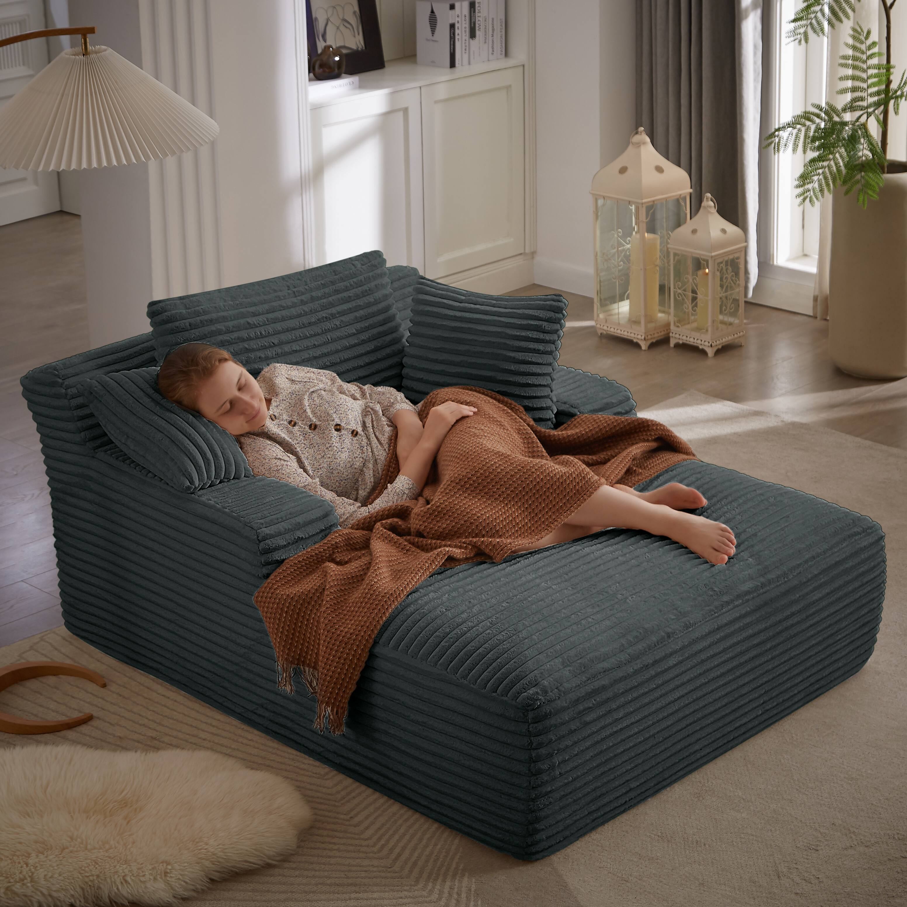 Alt View 2. Trinkets Crazed - 49.2 Inches Corduroy Chaise Lounge Indoor, Oversized Chaise Lounge Chair with 3 Throw Pillows and Armrests - Dark Grey.