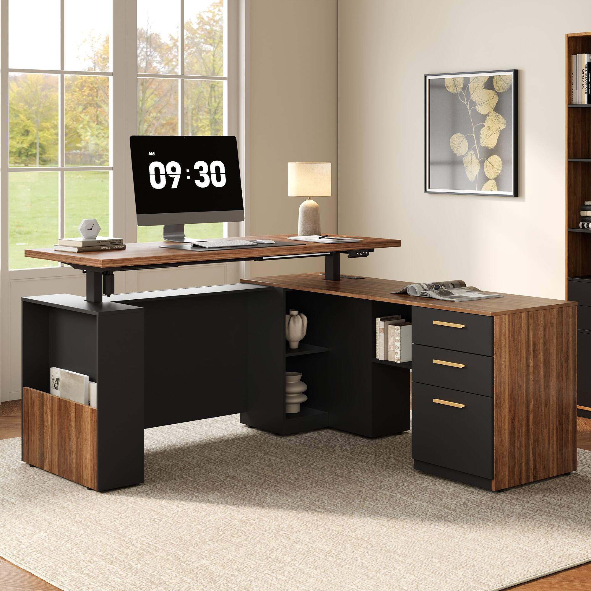 Front. ModernMate - 63" Standing Desk with File Cabinet, Privacy Panel, AC/USB, 1.18" Desktop, Executive L Shaped Desk-Black Walnut - Black Walnut.