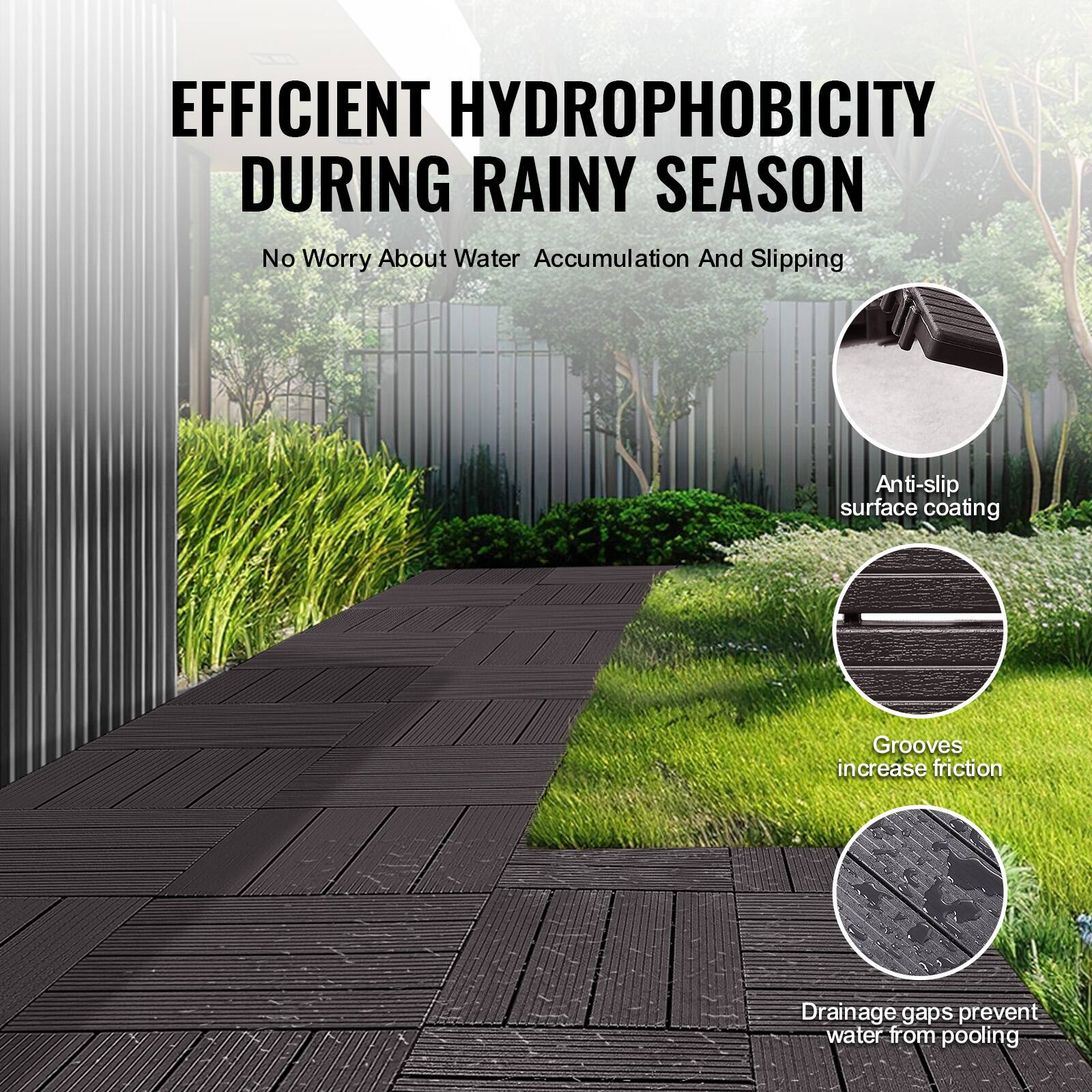 EFFICIENT HYDROPHOBICITY DURING RAINY SEASON  
No Worry About Water Accumulation And Slipping  

- Anti-slip surface coating  
- Grooves increase friction  
- Drainage gaps prevent water from pooling