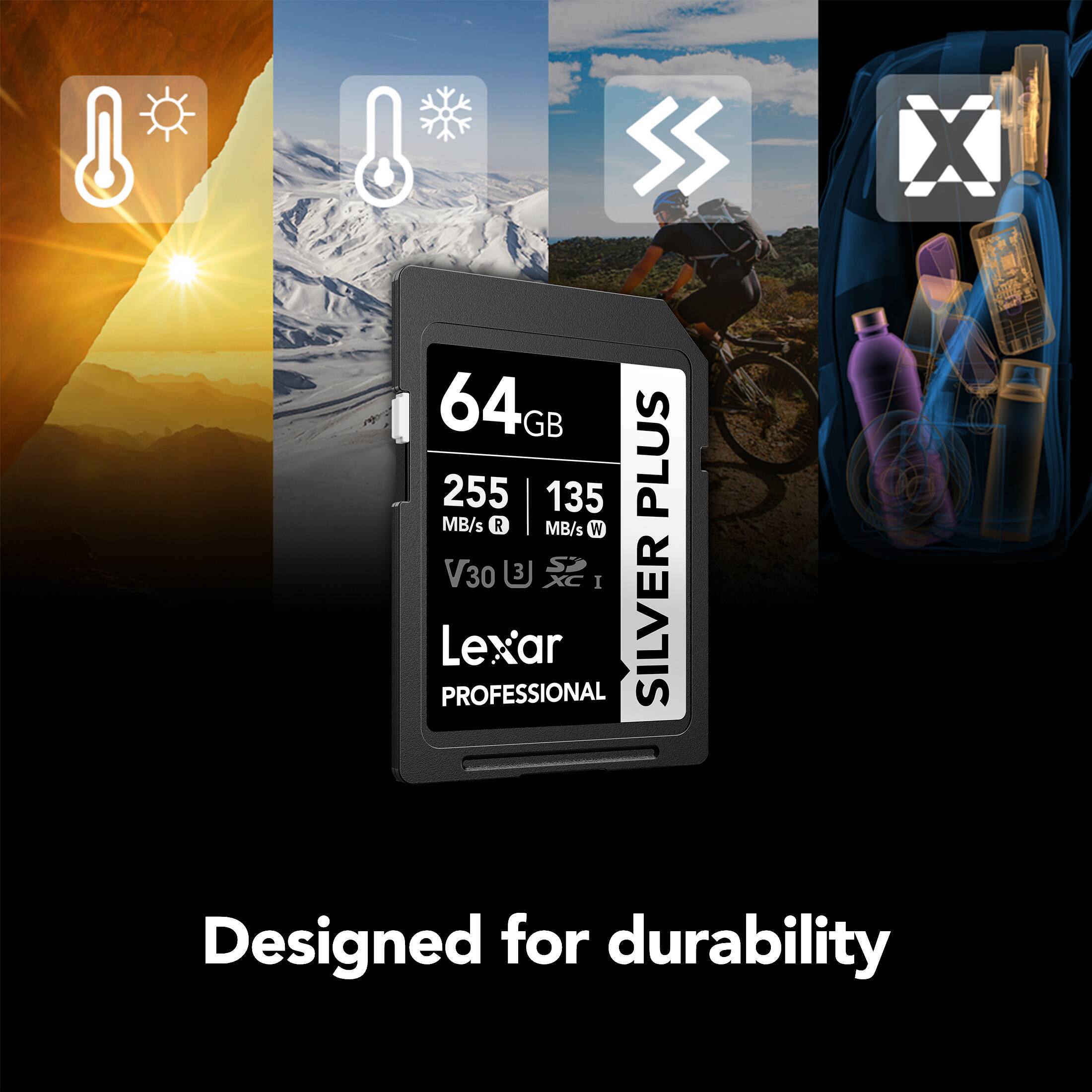 S X 1OLE 64GB 255 MB/s R 135 MB/s W V30 3 I PROFESSIONAL Lexar SILVER PLUS Designed for durability