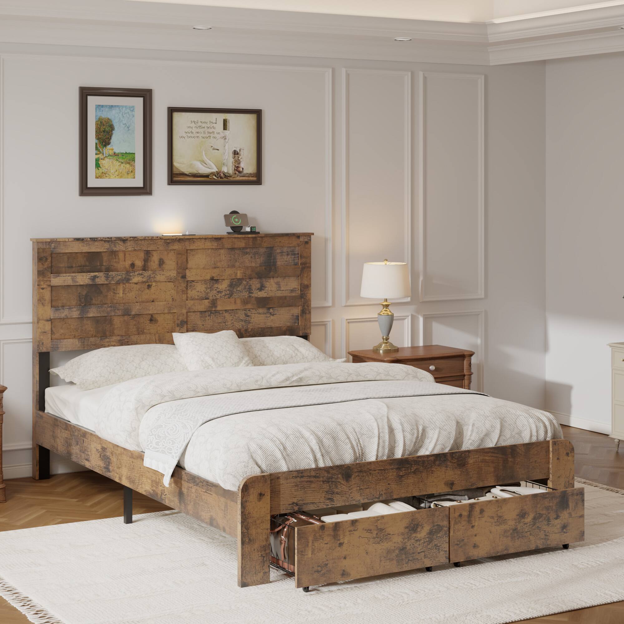 Left. LUCKY ONE - Full Size Bed Frame with 2 Storage Drawers and 2 USB Ports - Dark Brown.