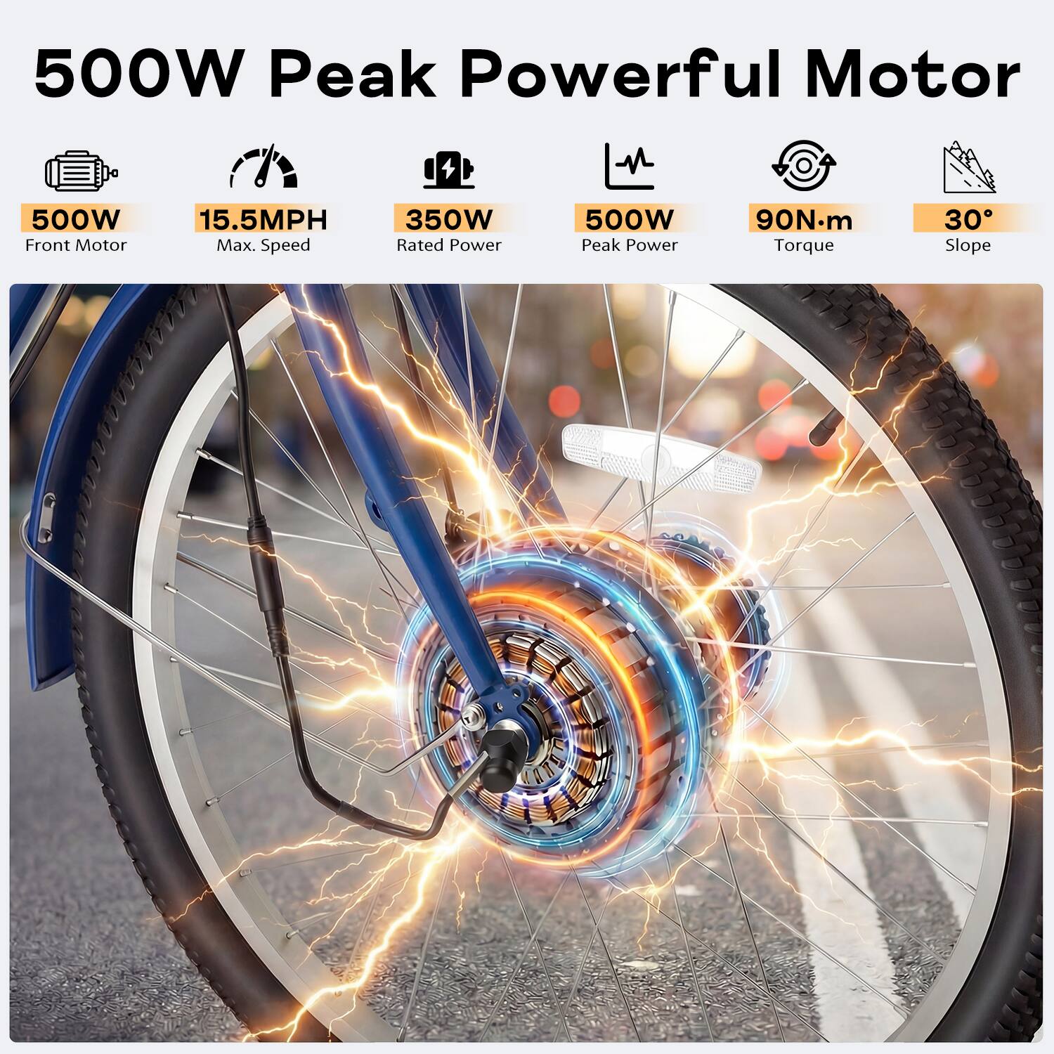500W Peak Powerful Motor  
500W Front Motor  
15.5MPH Max. Speed  
350W Rated Power  
500W Peak Power  
90N.m Torque  
30° Slope