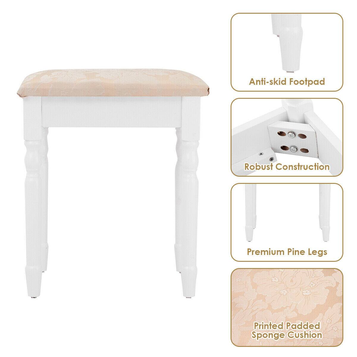 - Anti-skid Footpad
- Robust Construction
- Premium Pine Legs
- Printed Padded Sponge Cushion