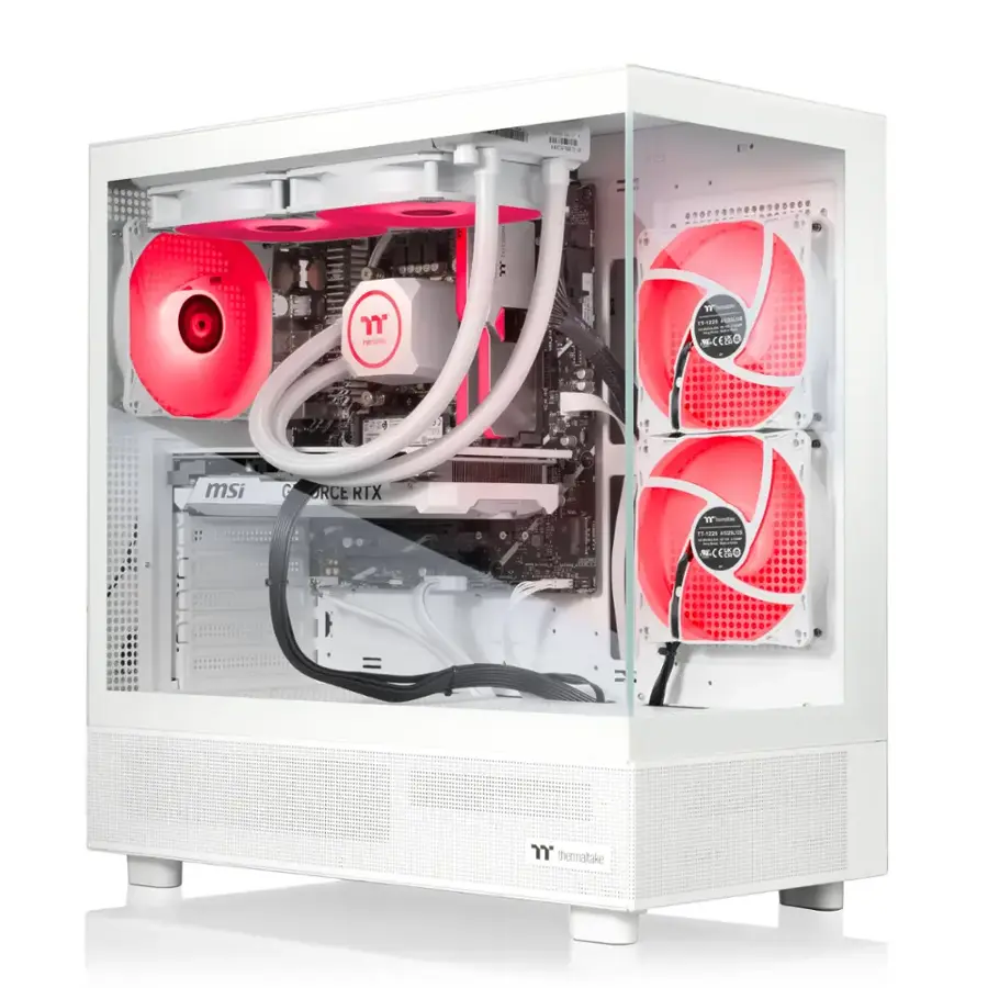 The image features a white computer case with a clear glass door, revealing the internal components of the computer. The case is equipped with a red and white cooling system, including two pink fans and a red and white radiator. The computer case is made by MSI, and the fans are from Thermaltake. The case is designed to keep the internal components cool and efficient.