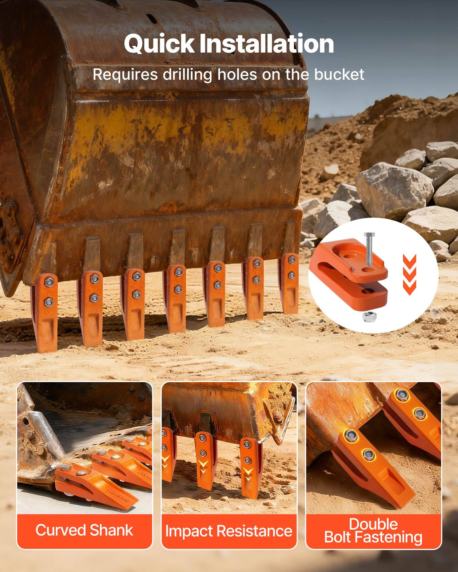 Quick Installation  
Requires drilling holes on the bucket  

Curved Shank  
Impact Resistance  
Double Bolt Fastening