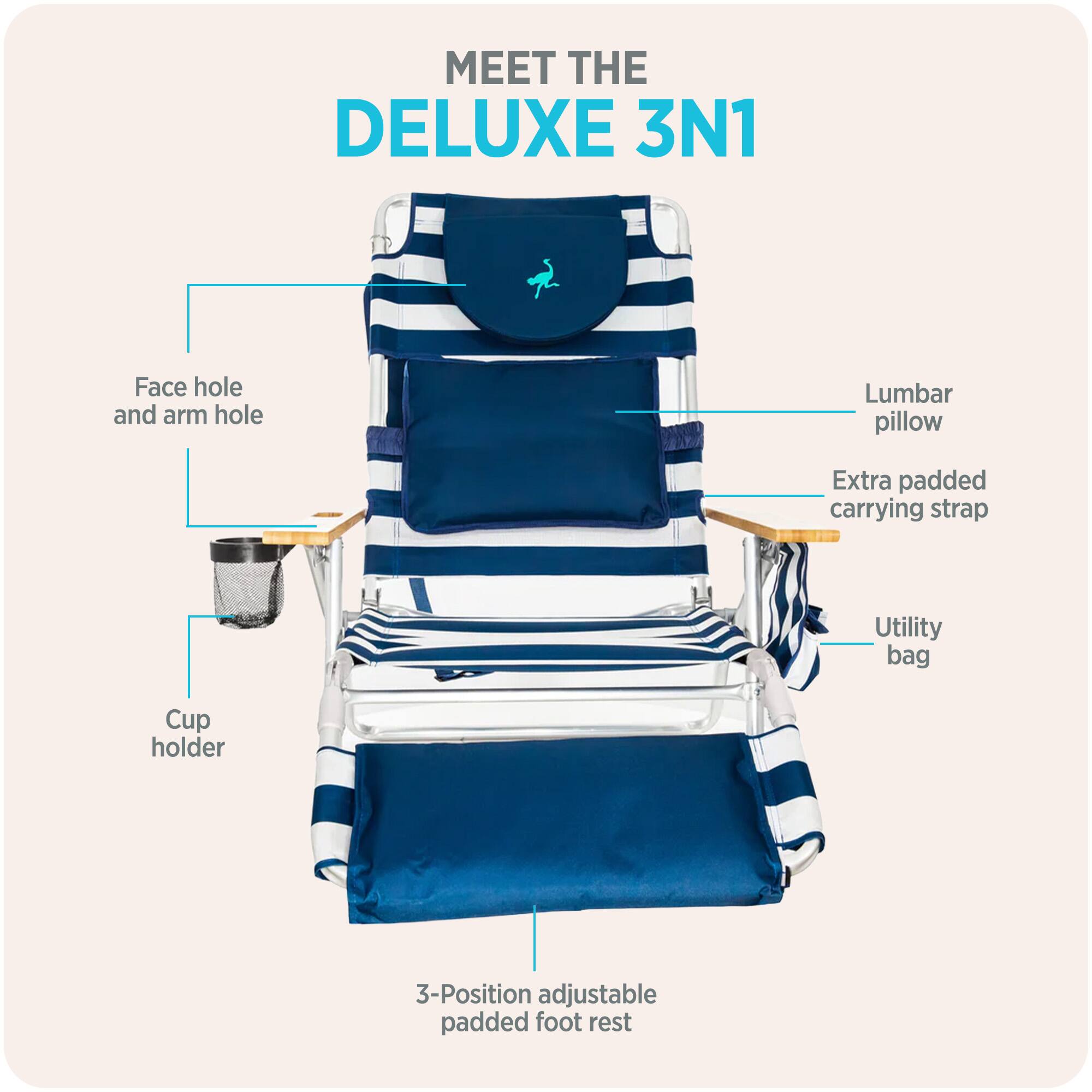 MEET THE DELUXE 3N1

- Face hole and arm hole
- Lumbar pillow
- Extra padded carrying strap
- Utility bag
- Cup holder
- 3-Position adjustable padded foot rest
