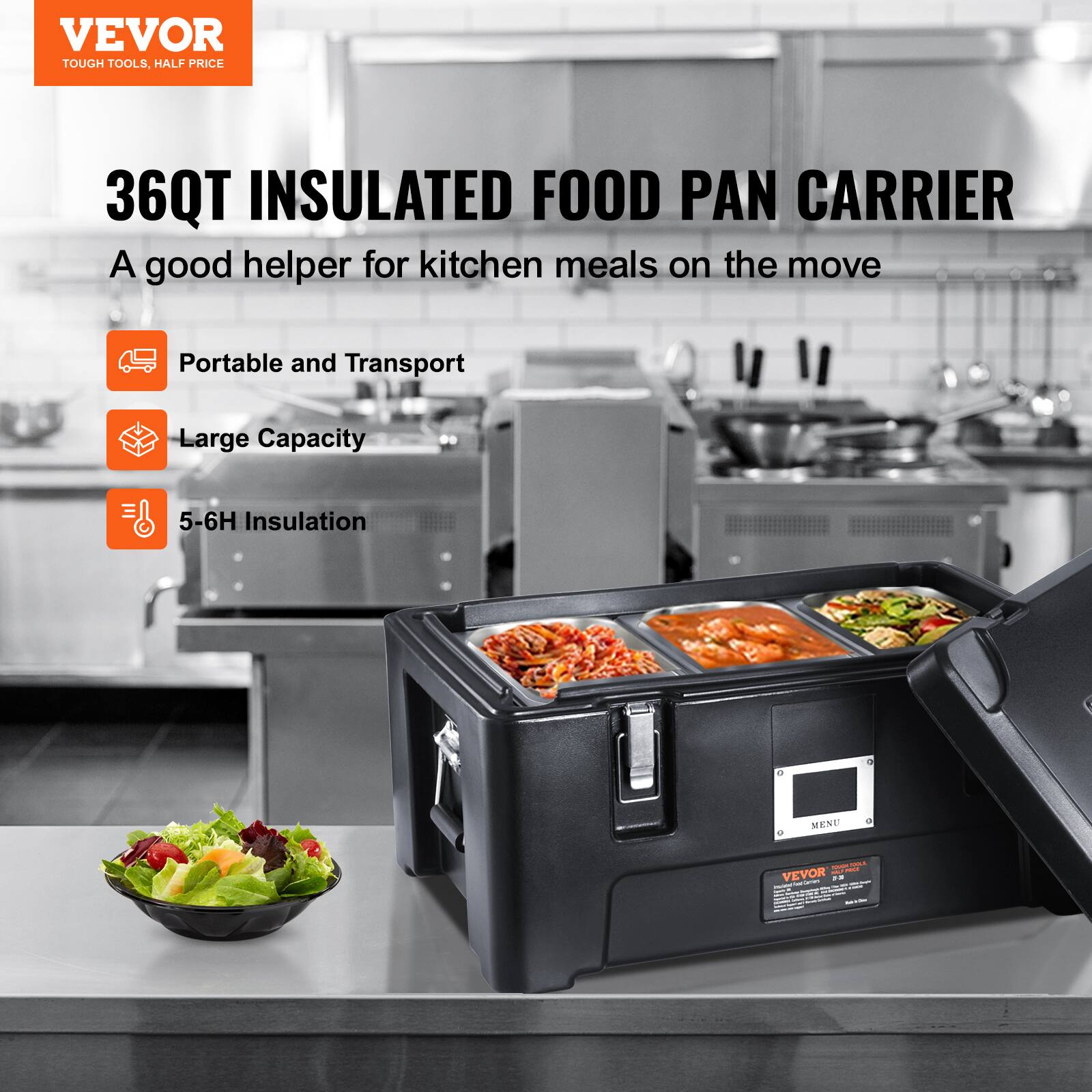 VEVOR TOUGH TOOLS. HALF PRICE

36QT INSULATED FOOD PAN CARRIER
A good helper for kitchen meals on the move
Portable and Transport
Large Capacity
5-6H Insulation