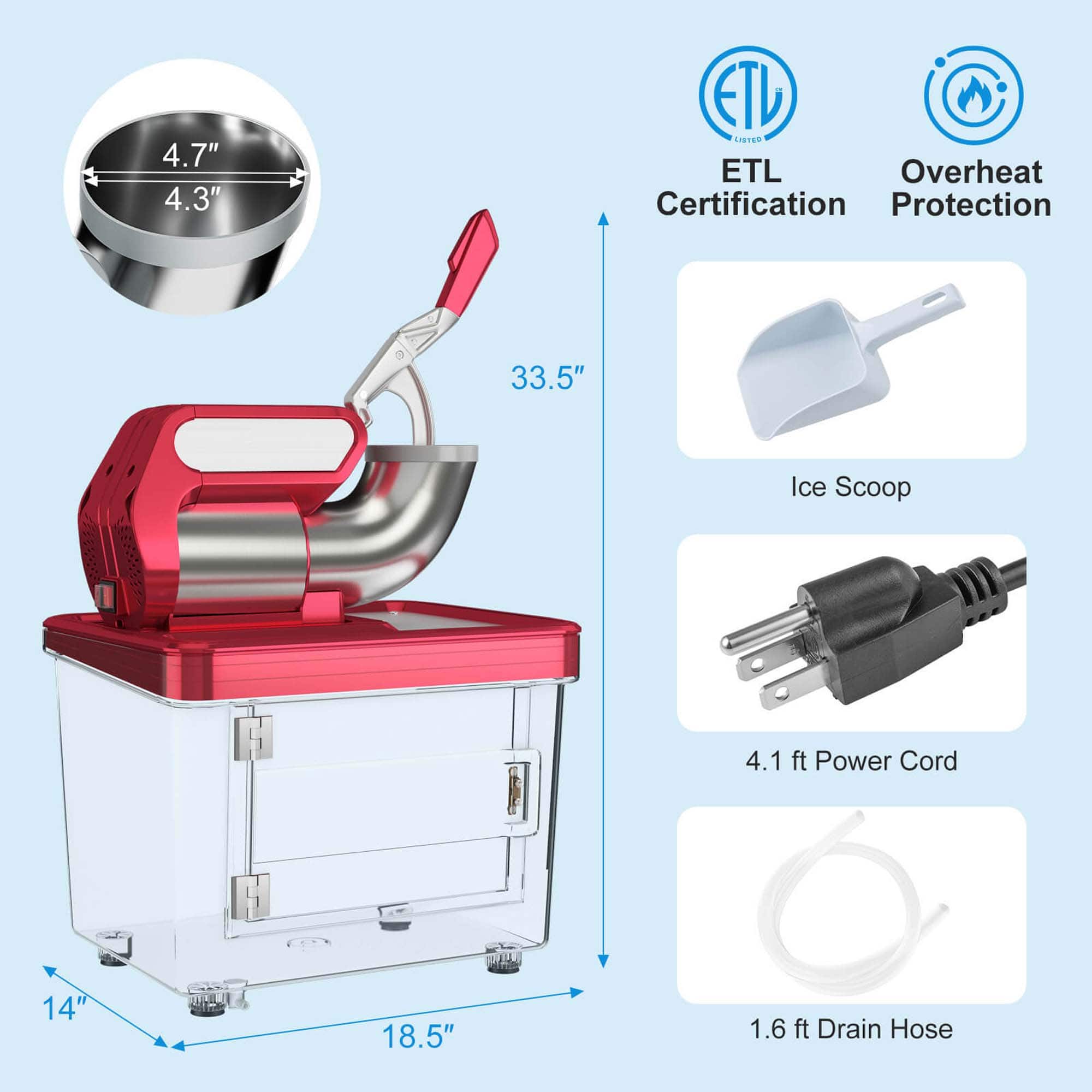 The image features a red and silver appliance with a 4.7" and 4.3" ETL certification. The appliance is designed with overheat protection and comes with a 33.5" ice scoop and a 4.1 ft power cord. The drain hose is 14" long, and the appliance is 18.5" tall.