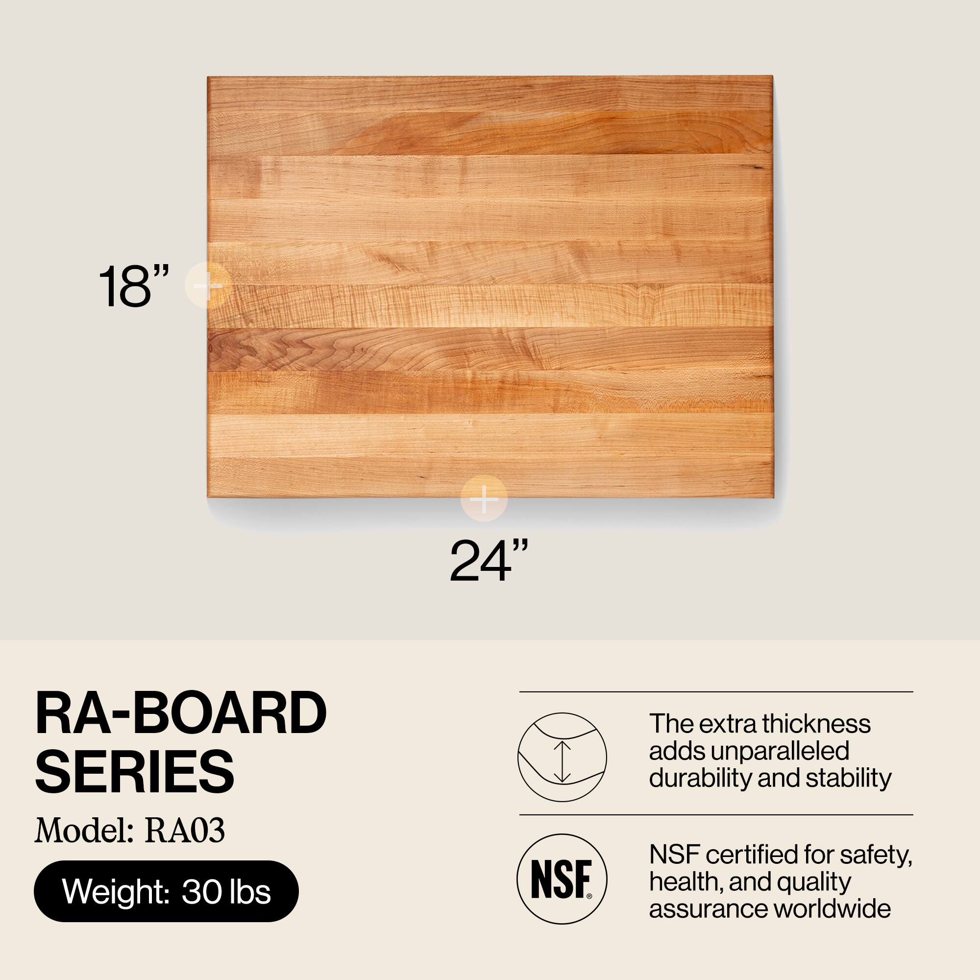 18" x 24" RA-BOARD SERIES  
Model: RA03  
Weight: 30 lbs  

The extra thickness adds unparalleled durability and stability  
NSF certified for safety, health, and quality assurance worldwide