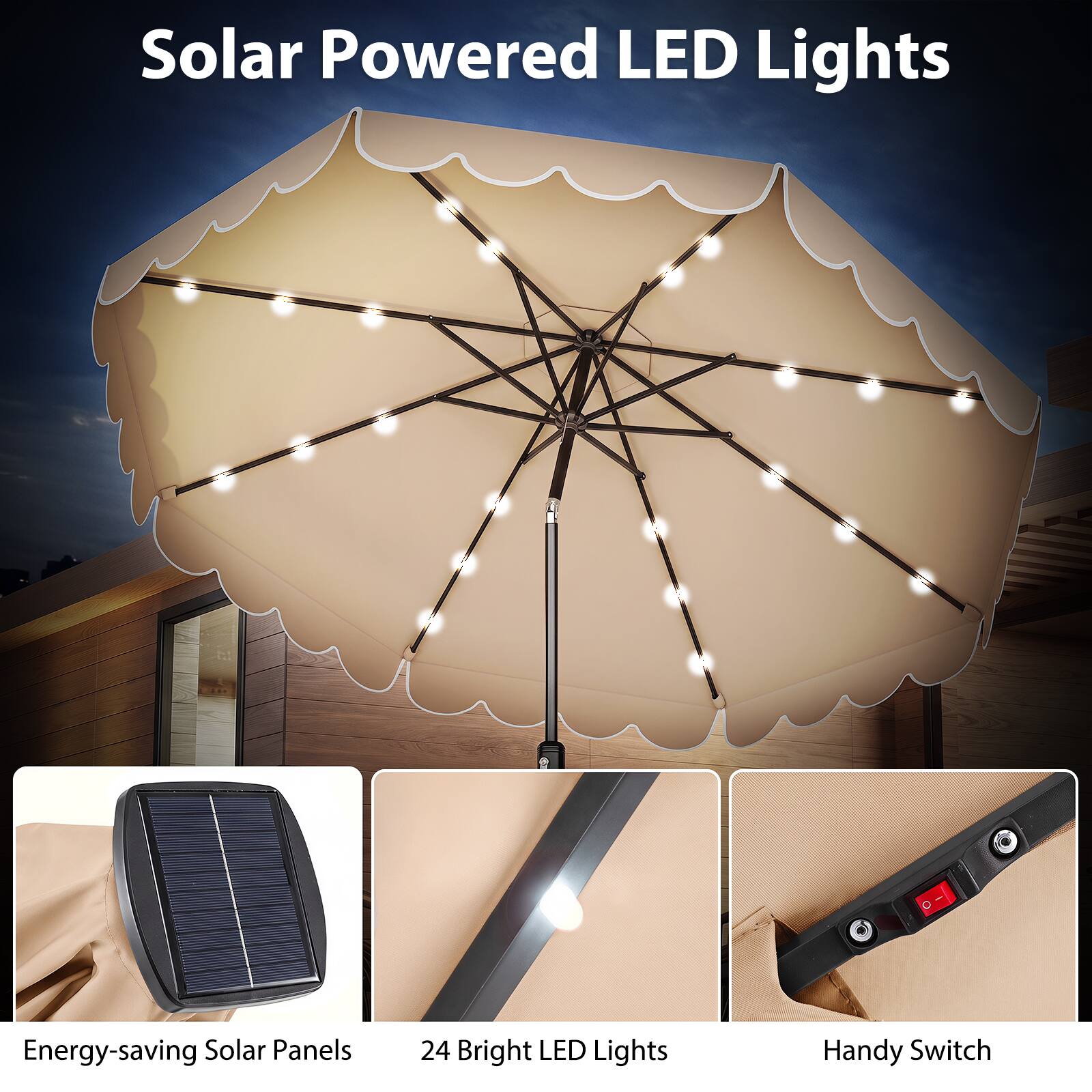 Solar Powered LED Lights

Energy-saving Solar Panels

24 Bright LED Lights

Handy Switch