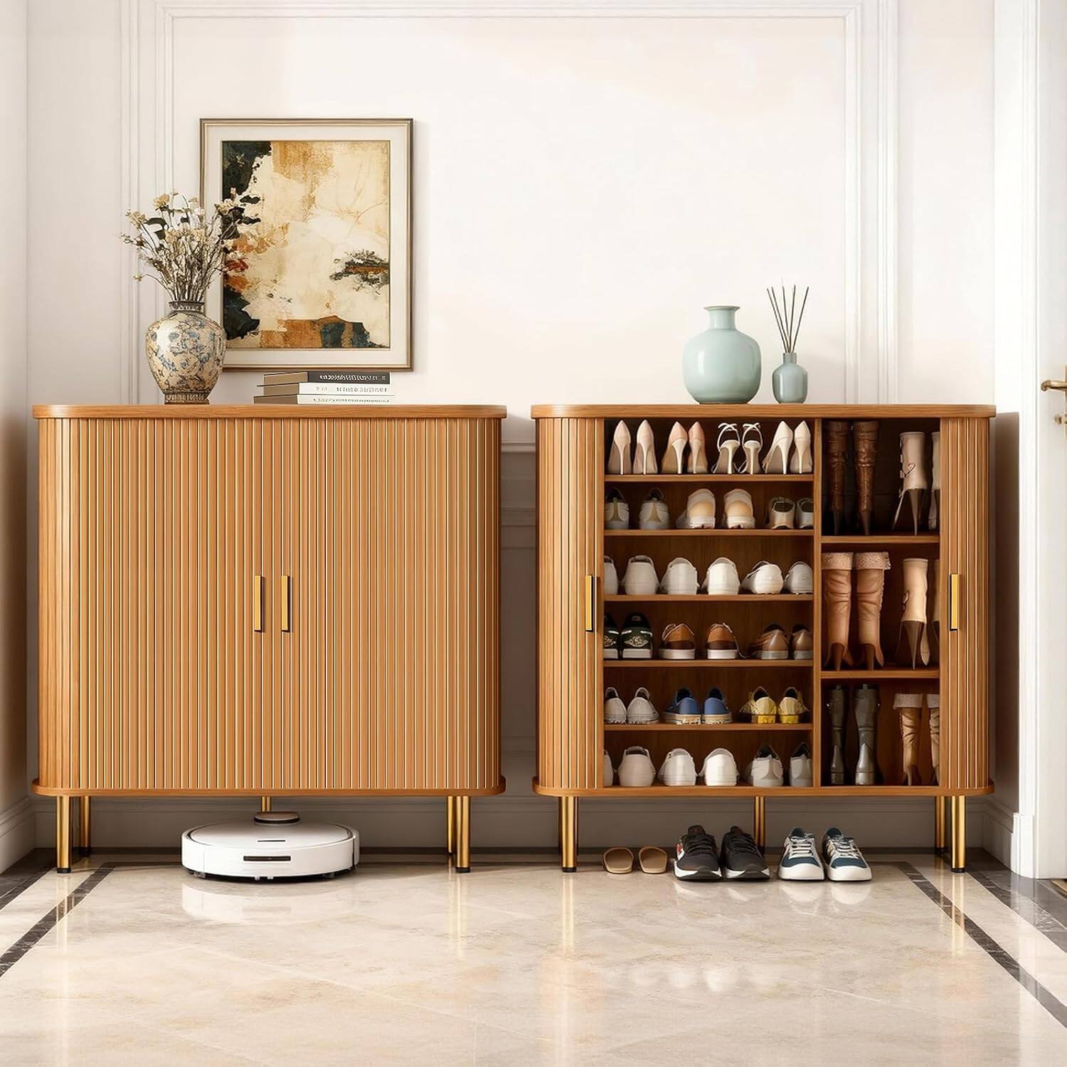 Alt View 3. Tiramisubest - 47" 6-Tier Shoe Storage Cabinet with Sliding Door and Adjustable Shelves,Mid-Century Freestanding Shoe Storage Organizer - Yellow.