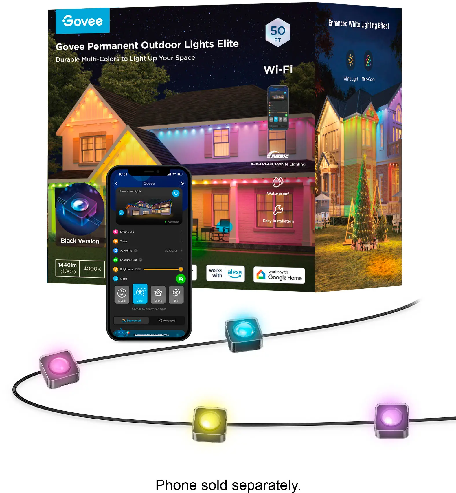Govee Permanent Outdoor Lights Elite Durable Multi-Colors to Light Up Your Space 50 FT Wi-Fi Enhanced White Lighting Effect Wtel Lght Mut-Col ROBIC 4-d-1 ROBIC+ White Lighcing 18:31 1 Choune Purmanant rgs . Waterproof - kasy itallation - - Black Verslon - ALI & P 1440lm 4000K (100 -u -. Enggtmest - I works alexa with | works with Google Home - i - - Charga - - - Segnented Alitouo  Phone sold separately.