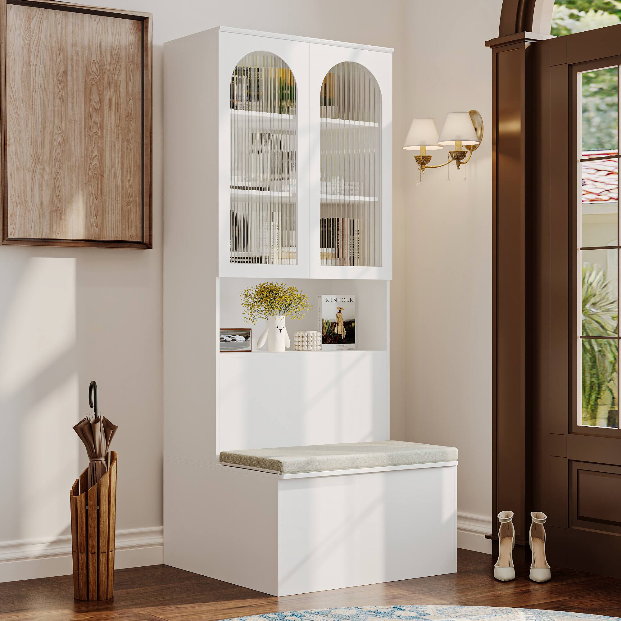 Angle. Famapy - French Cream Entryway Storage Bench with Fluted Glass Cabinet and Cushioned Seat - White.