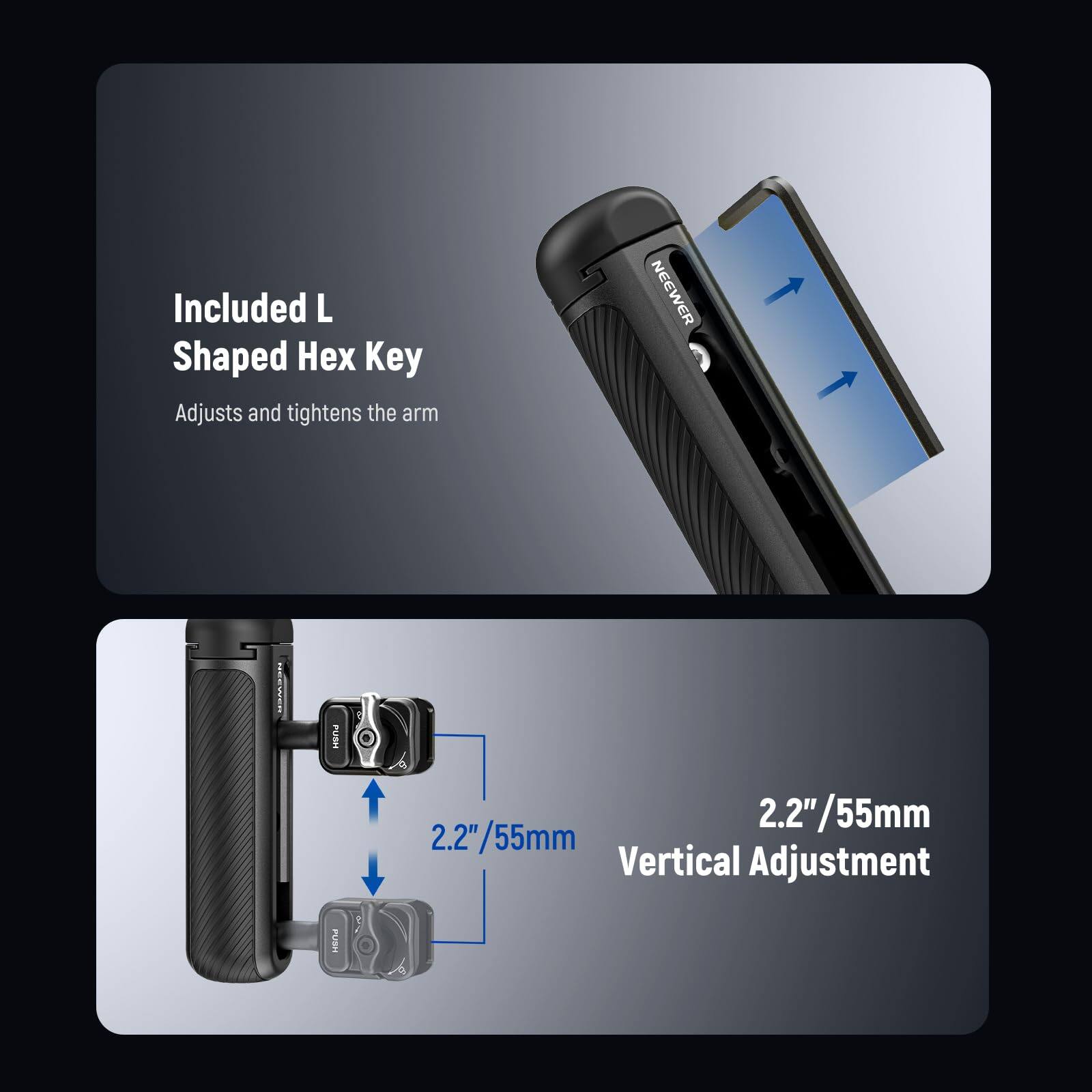 Included L Shaped Hex Key  
Adjusts and tightens the arm  

2.2"/55mm Vertical Adjustment