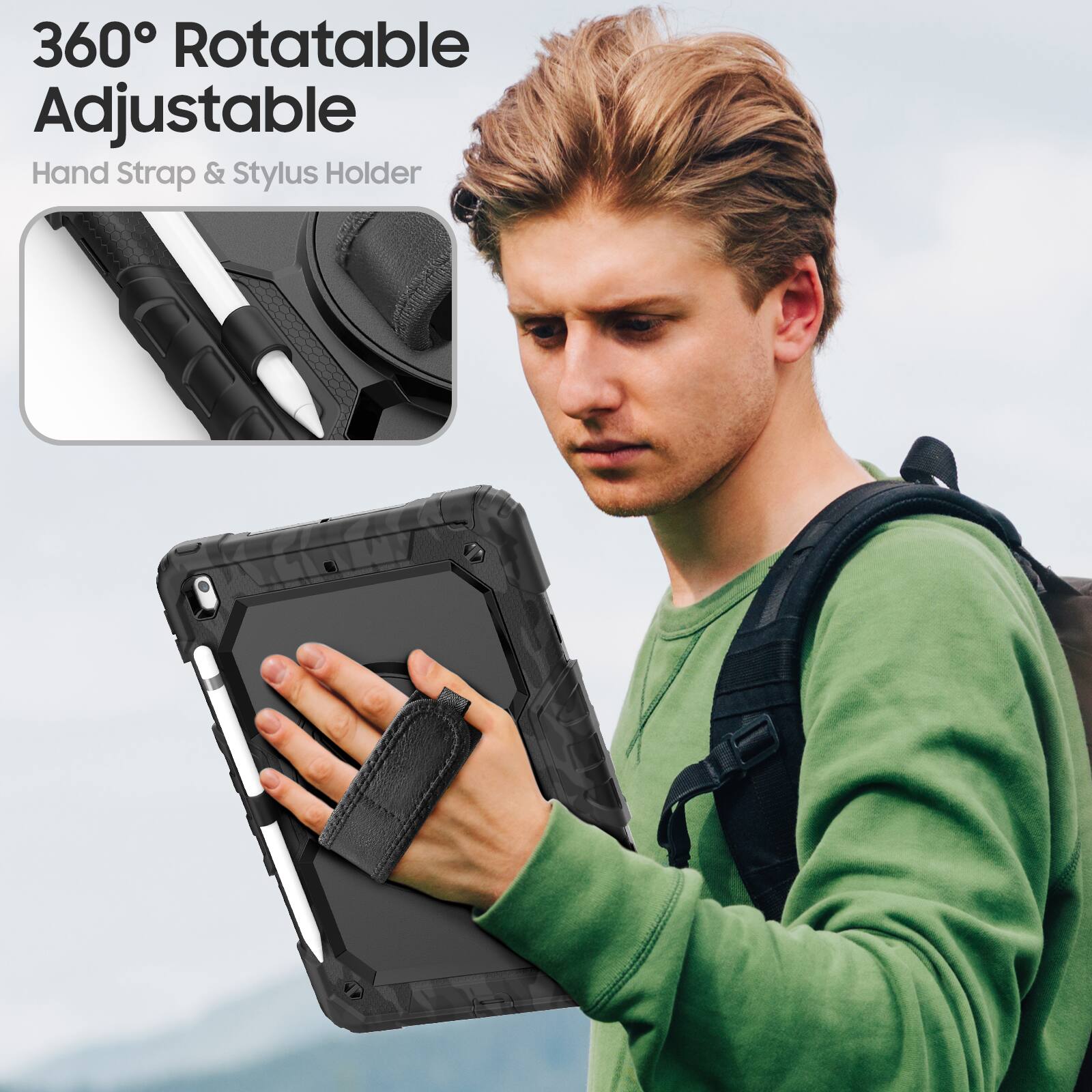 360° Rotatable Adjustable  
Hand Strap & Stylus Holder