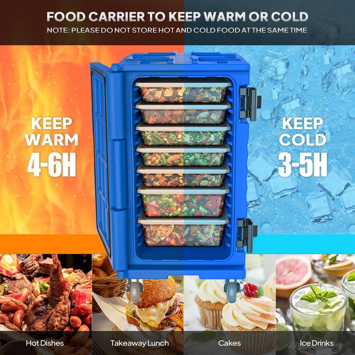 FOOD CARRIER TO KEEP WARM OR COLD  
NOTE: PLEASE DO NOT STORE HOT AND COLD FOOD AT THE SAME TIME  

KEEP WARM 4-6H  
KEEP COLD 3-5H  

Hot Dishes  
Takeaway Lunch  
Cakes  
Ice Drinks