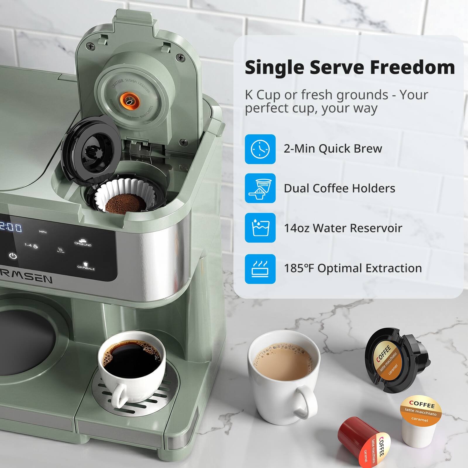 CASITER 0550180

Single Serve Freedom K Cup or fresh grounds - Your perfect cup, your way

2-Min Quick Brew

Dual Coffee Holders

14oz Water Reservoir

185F Optimal Extraction

COFFEE latte macchiato caramel

COFFEE latte macchiato caramel