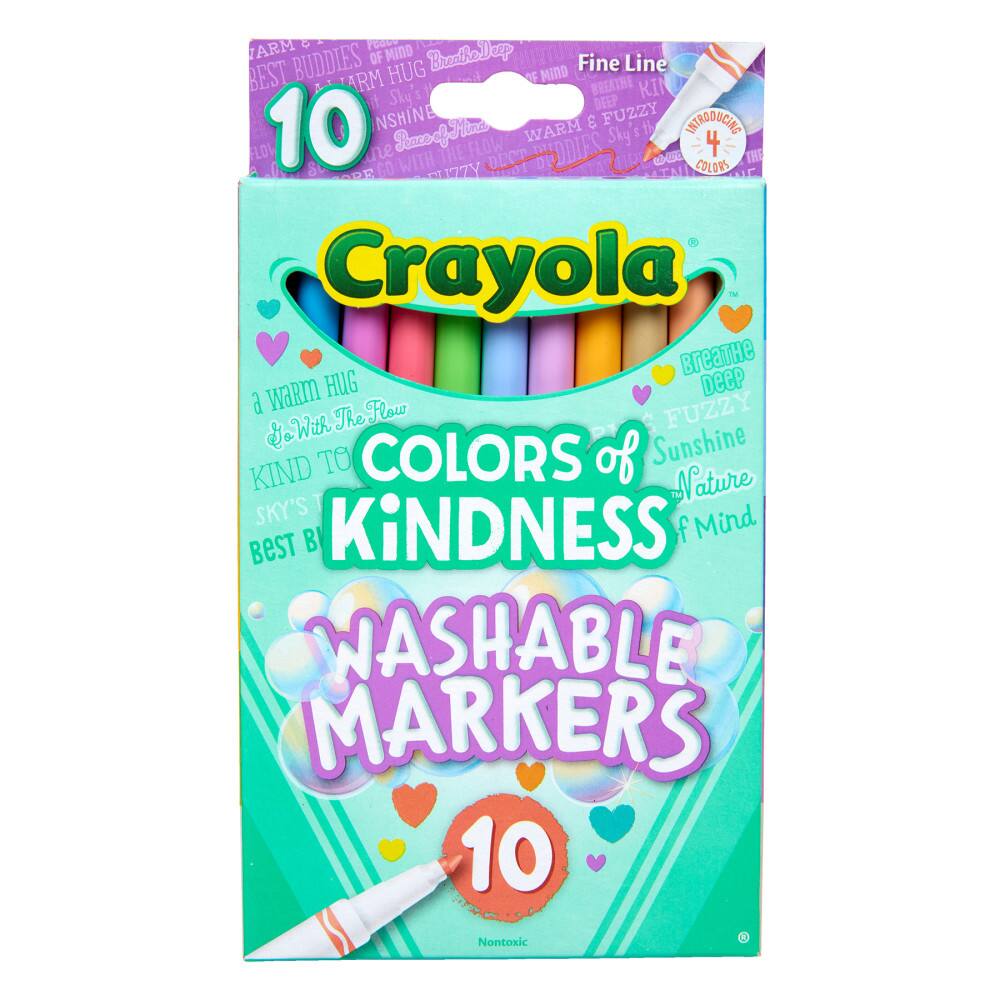 Crayola  
Colors of Kindness  
Washable Markers  
10  
Colors of Nature  
A Warm Hug With The Flow  
Breathe Deep  
Fuzzy Sunshine  
Best Buddies of Mind  
Fine Line  
Nontoxic  
10 Nontoxic  
Introducing 4 New Colors