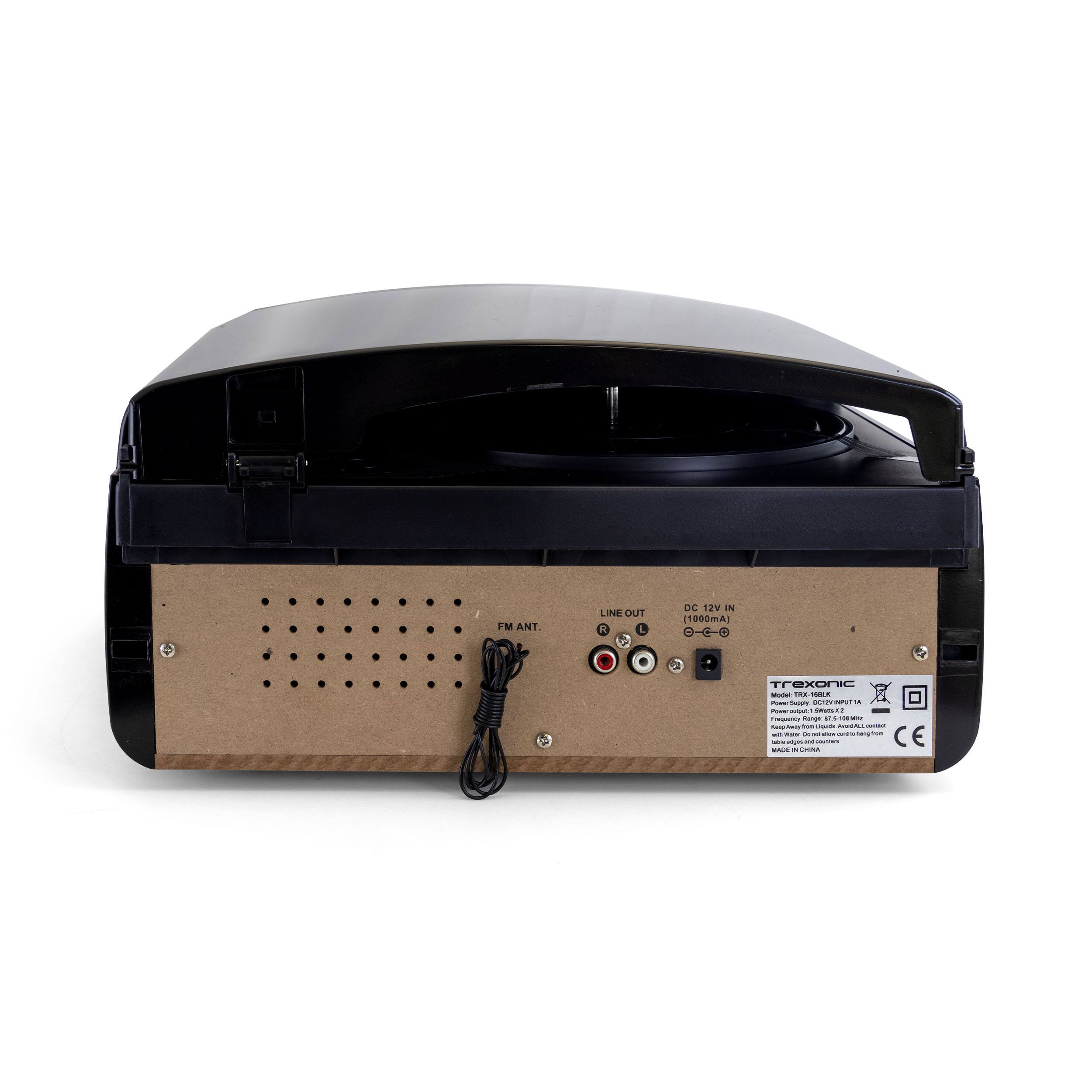 Sure, here is the corrected and grouped text from the image:

---

**LINE OUT**  
**DC 12V IN (1000mA)**

**FM ANT.**

**Trexonic**  
Model: TRX-168KL  
Power: 1.5 Watts x 2  
Frequency: 87.5 - 108 MHz  
Kensington Lock Slot  
All Controls on Front  
Made in China

**CE**

---