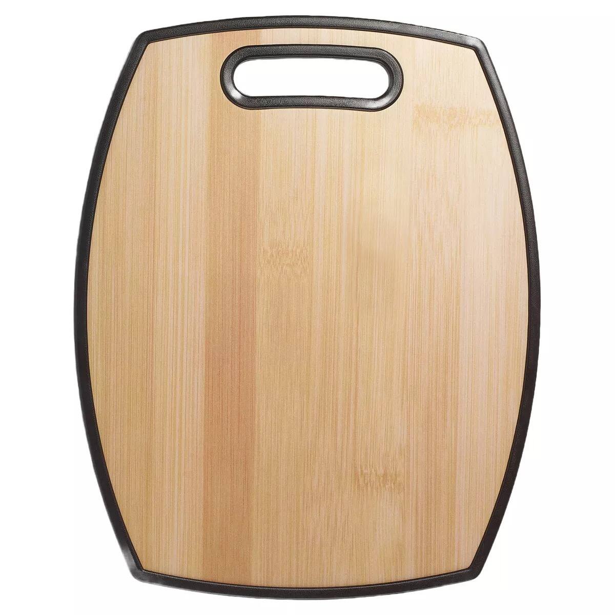 Front. Elle Decor - 12" × 15" Kitchen Cutting Board with Handle, Durable Bamboo‑Designed Plastic, Dishwasher Safe - Brown.