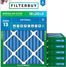 Filterbuy - 16x20x2 MERV 13 Smoke & Allergy Defense, Electrostatic Pleated HVAC AC Furnace Air Filters Replacement (6-Pack) - Blue