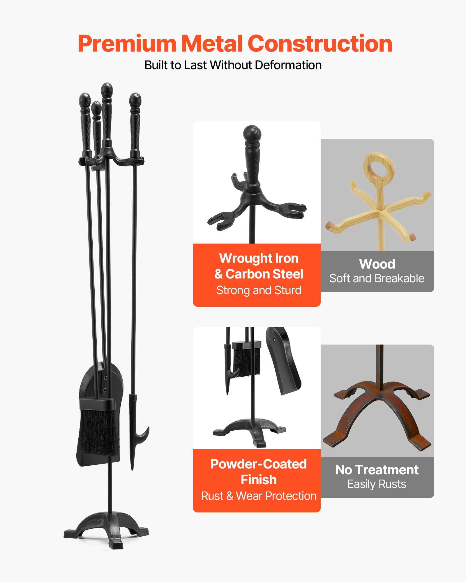 Premium Metal Construction  
Built to Last Without Deformation  

Wrought Iron & Carbon Steel  
Strong and Sturd  

Wood  
Soft and Breakable  

Powder-Coated Finish  
Rust & Wear Protection  

No Treatment  
Easily Ruts