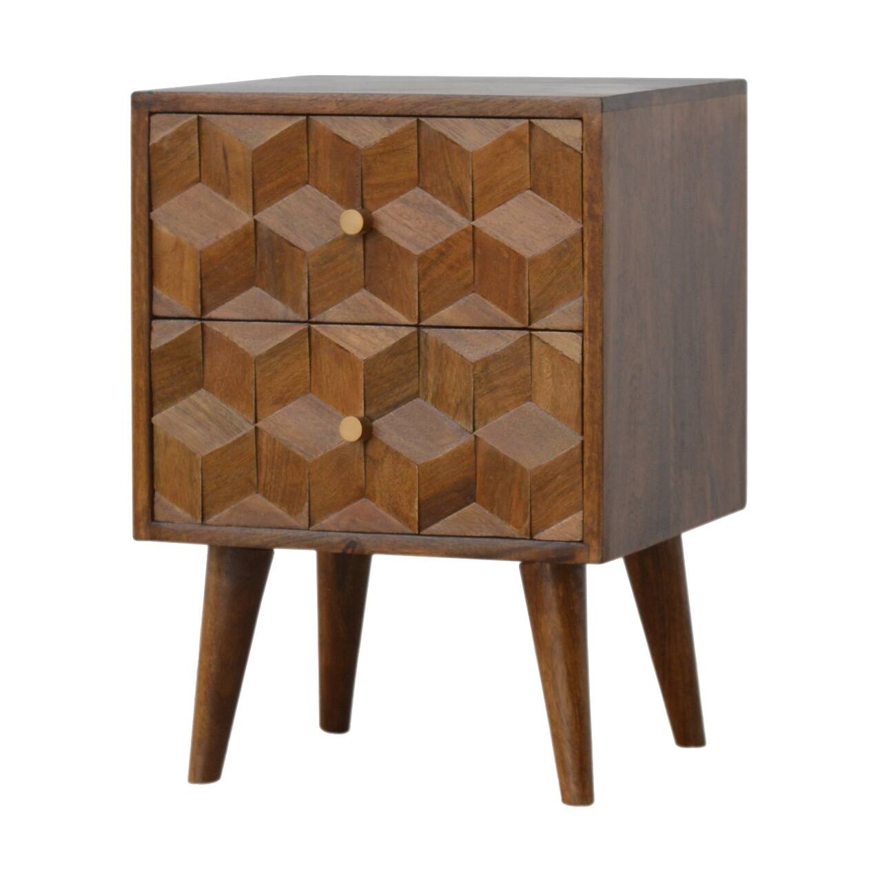 Left. Artisan Furniture - Artisan Furniture Solid Wood Chestnut Cube Carved Nightstand, 2 Drawers, Nordic Legs, Dark Brown - Chestnut.