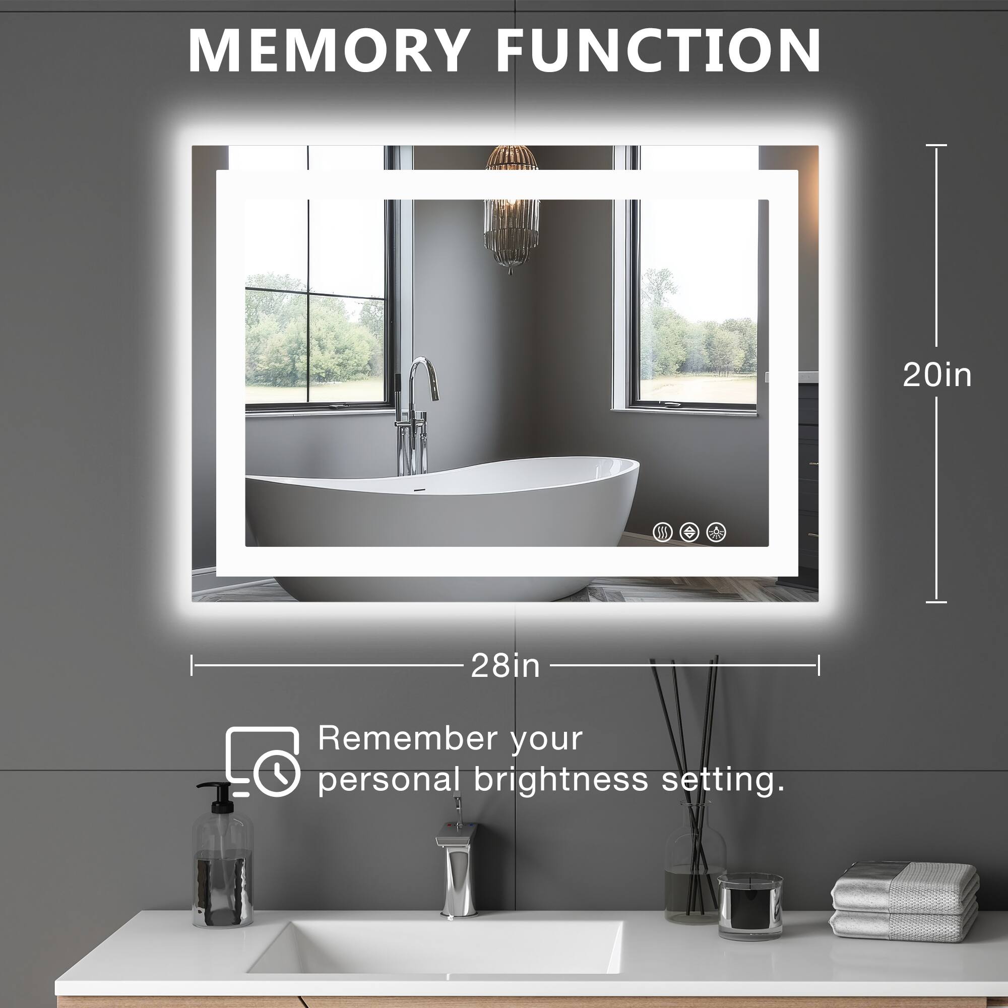 The text on the image reads "Memory Function 20in I 28in Remember your personal brightness setting."