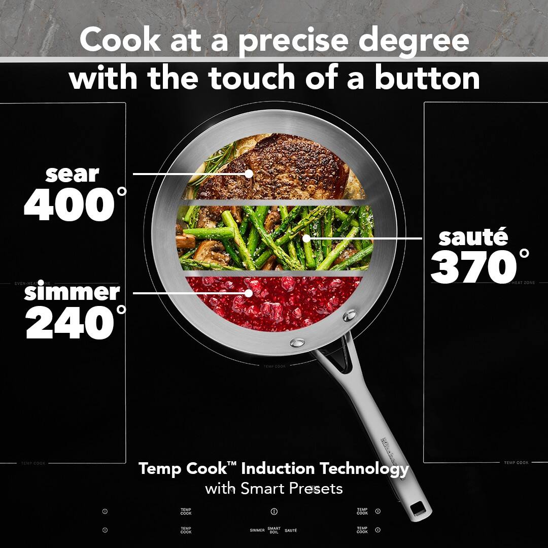 Cook at a precise degree with the touch of a button

sear 400°  
simmer 240°  
sauté 370°

Temp Cook™ Induction Technology with Smart Presets