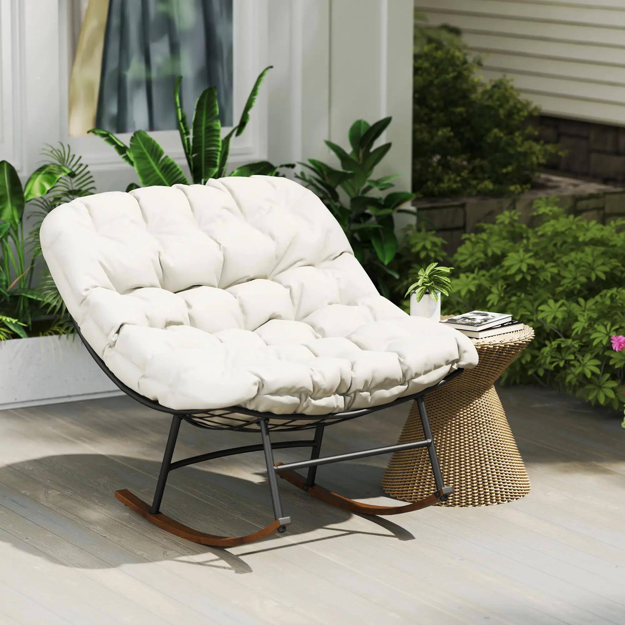 Alt View 1. Resenkos - Resenkos Oversized Rocking Chairs Set of 2, Beige Garden Porch Papasan Chairs with Comfortable Cushions, Beige - Beige.