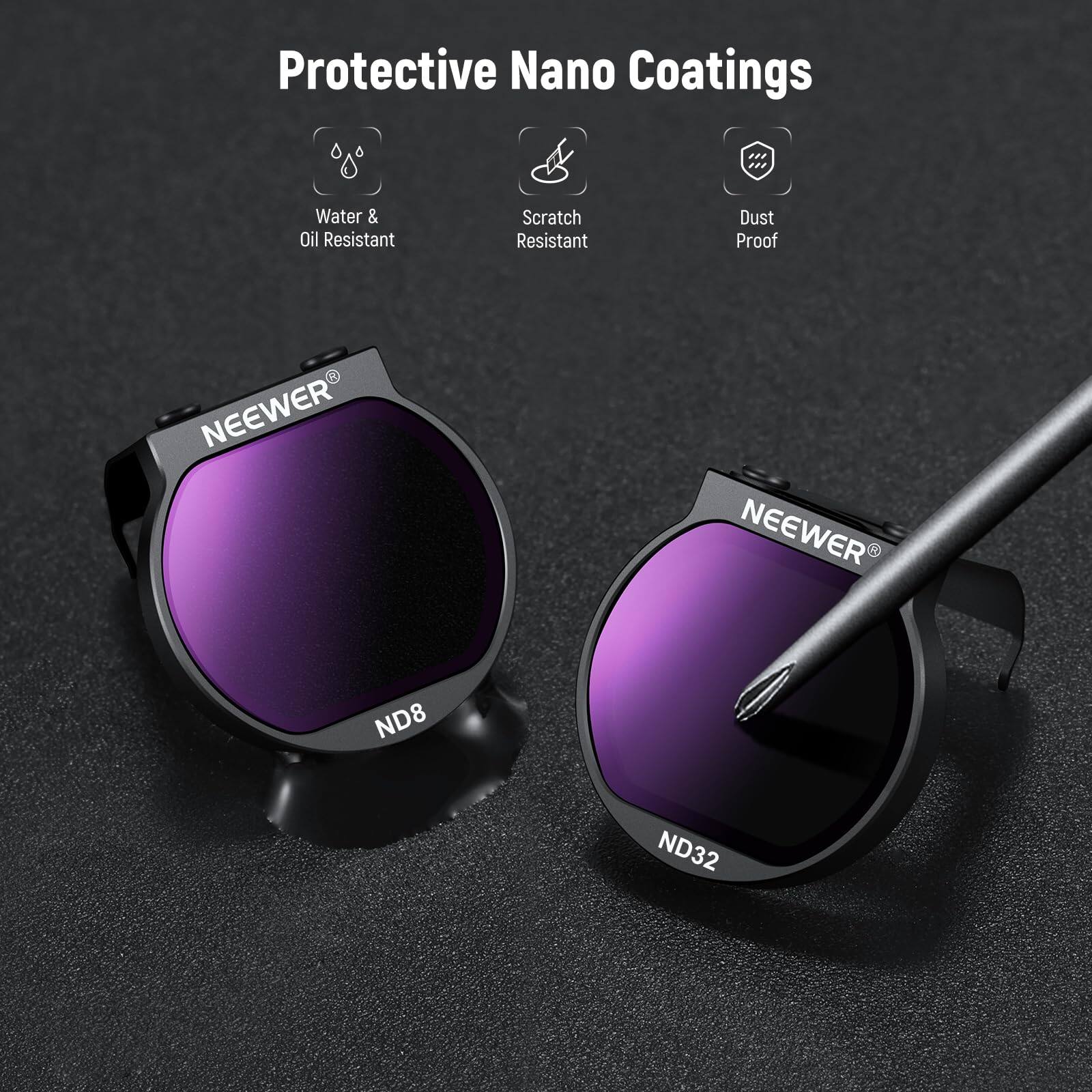 Protective Nano Coatings  
Water & Oil Resistant  
Scratch Resistant  
Dust Proof  

NEEWER ND8  
NEEWER ND32