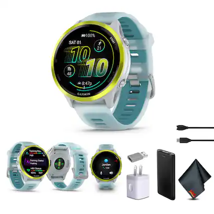 Sure, here is the corrected and grouped text from the image:
---
**Top Watch Display:**
- 100%
- SAT 01
- 10:10
- 21
- Vz 48
- 8:47p
- GARMIN
**Bottom Left Watch Display:**
- Training Readiness
- High
- Training Status
- Peaking
- HRV Status
- 60ms
- BALANCE
- GARMIN
**Bottom Center Watch Display:**
- Jordan
- 1:42
**Additional Text:**
- START STOP
- BACK LAP
- DOWN
- 100 CARN
- J Jordan
- 1:82
- KAVE
---
This should cover all the visible text from the image.