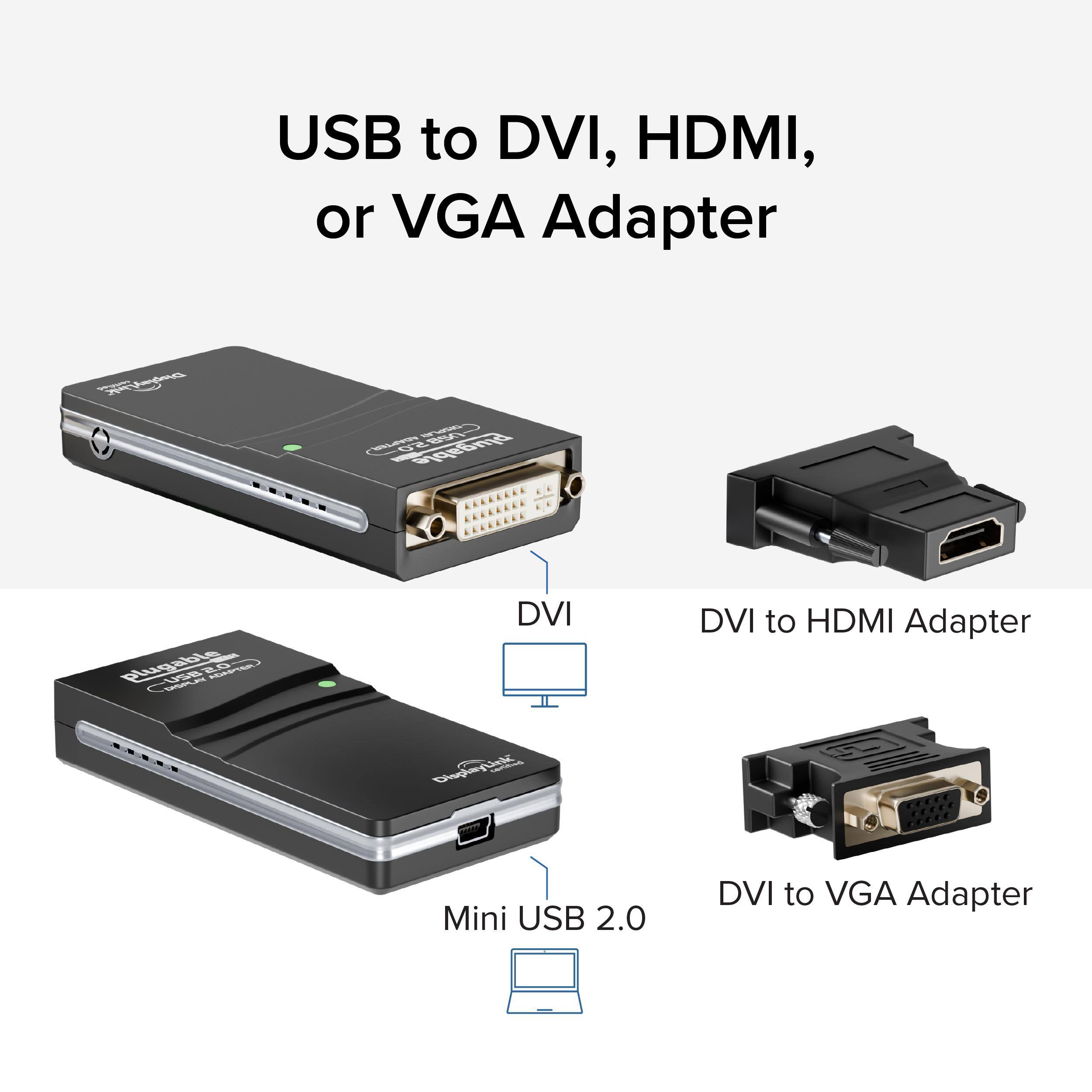 USB to DVI, HDMI, or VGA Adapter

- Augbe plugable
- Has DVI DVI to HDMI Adapter
- Cugy Mini USB 2.0 DVI to VGA Adapter