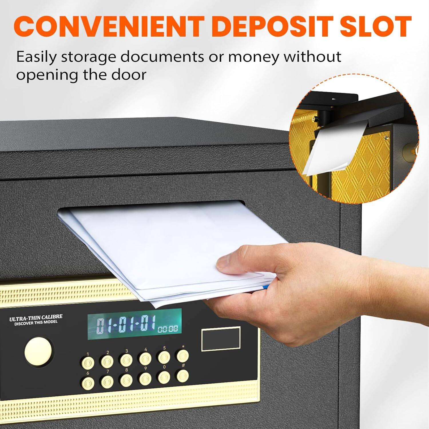 CONVENIENT DEPOSIT SLOT  
Easily storage documents or money without opening the door  

ULTRA-THIN CALIBRE  
DISCOVER THIS MODEL  

01-01-01  
00:00  

1 2 3 4 5  
6 7 8 9 0  
* #