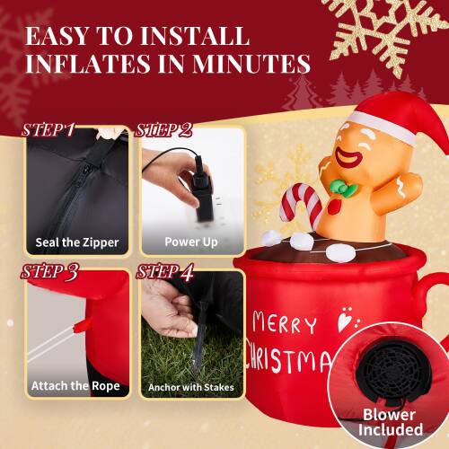 EASY TO INSTALL  
INFLATES IN MINUTES

STEP 1  
Seal the Zipper

STEP 2  
Power Up

STEP 3  
Attach the Rope

STEP 4  
Anchor with Stakes

MERRY CHRISTMAS

Blower Included