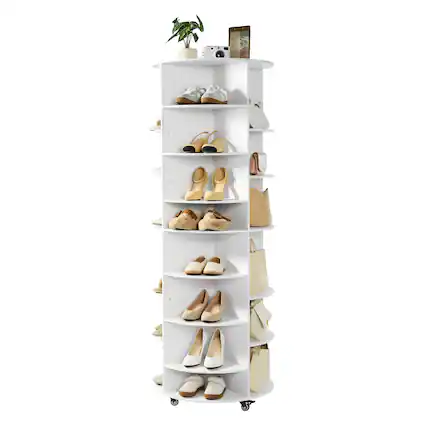 Front. VEVOR - 7 Tier Rotating Shoe Rack Tower with Adjustable Shelves, Movable 360° Spinning Carousel Display with Wheels - White.