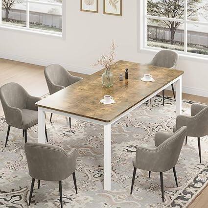 Alt View 2. GARVEE - 78.7" Industrial Farmhouse Table for 6-8，Sturdy Metal Legs, Extendable Dining Room Table for Home Office,Living Room - Brown&White Leg.