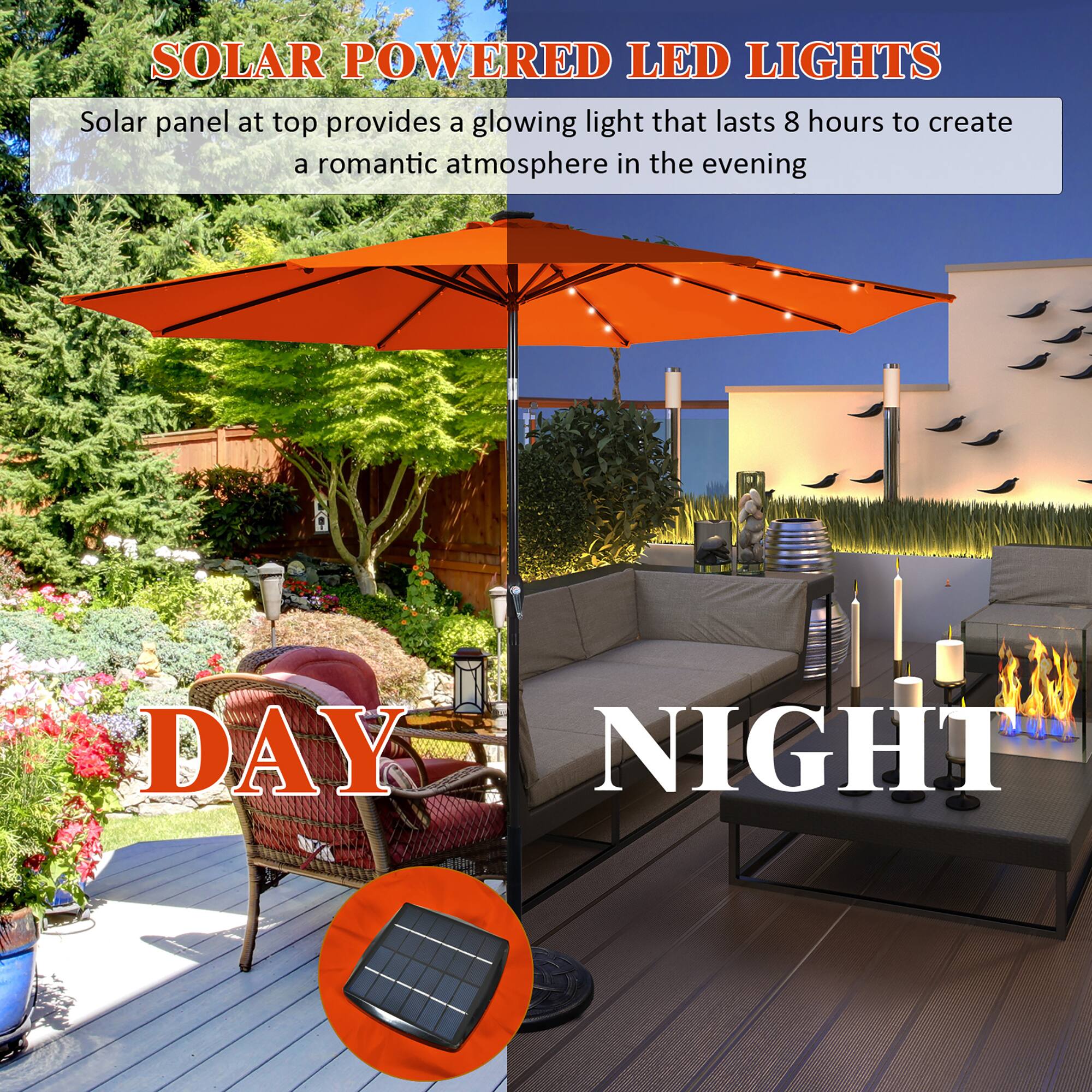 Solar Powered LED Lights: Solar panel at the top provides a glowing light that lasts 8 hours to create a romantic atmosphere in the evening.
