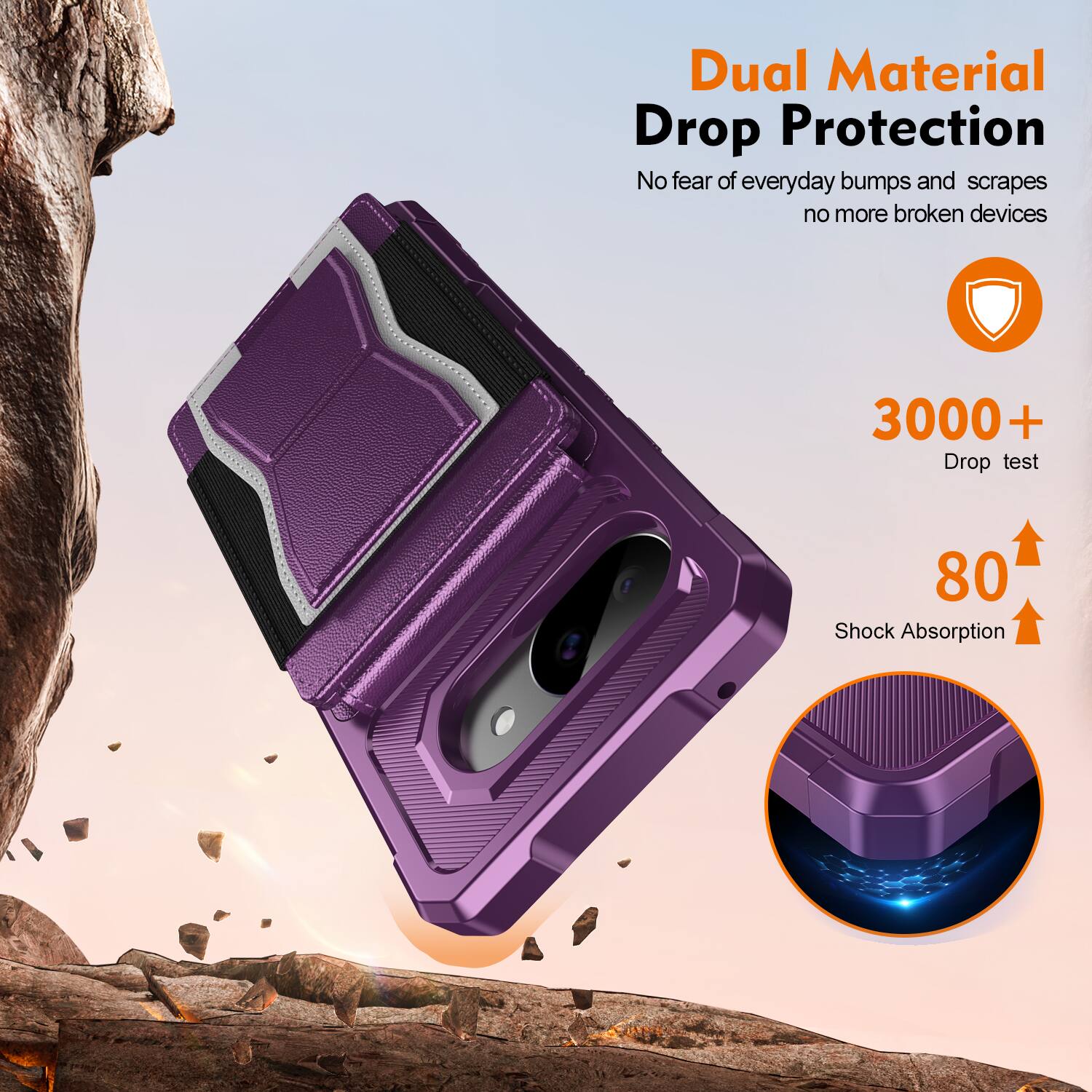 Dual Material Drop Protection  
No fear of everyday bumps and scrapes, no more broken devices  

3000+ Drop test  
80 Shock Absorption