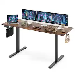 WELLFOR - 63" Electric Standing Desk with 3 Memory Heights and 2 Hanging Hooks, Adjustable Height Sit Stand Home Office Desk - Rustic Brown