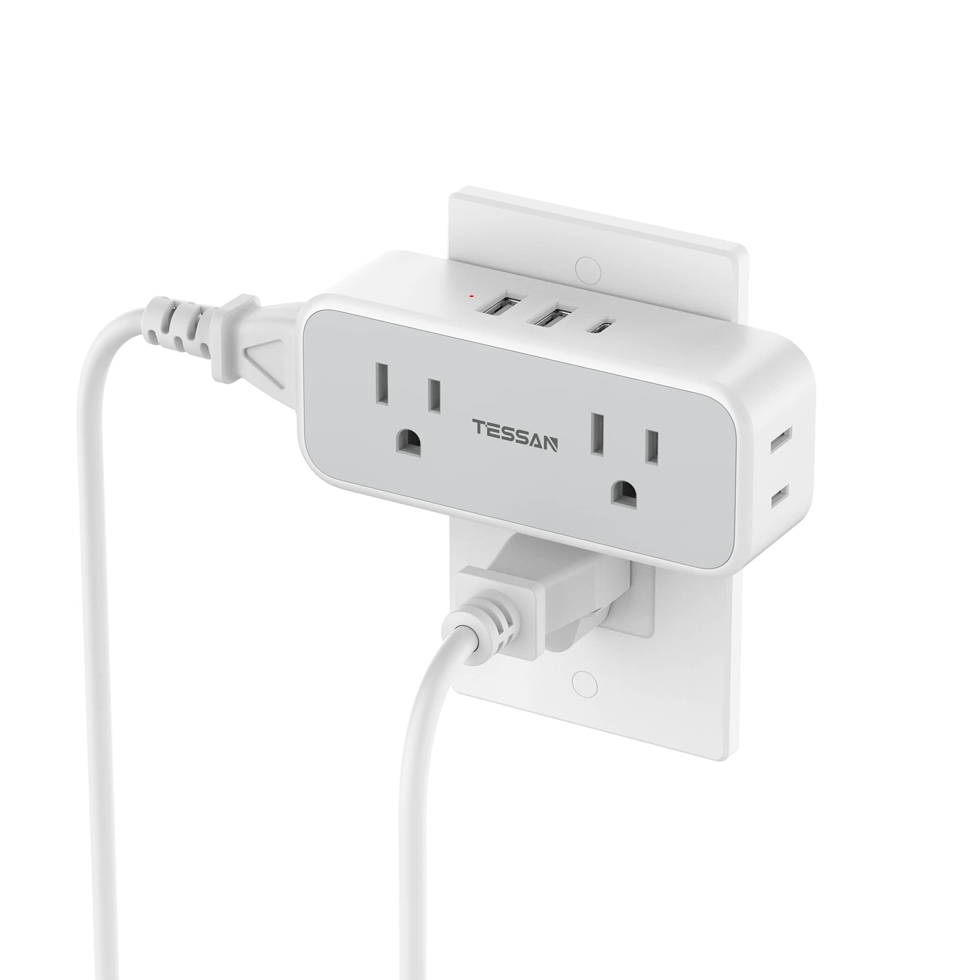 TESSAN - Wall Tap Outlet Extender 4 Outlet 3 USB Ports (1 USB C) Compact Multi Plug Socket Splitter for Home Office - White, Gray