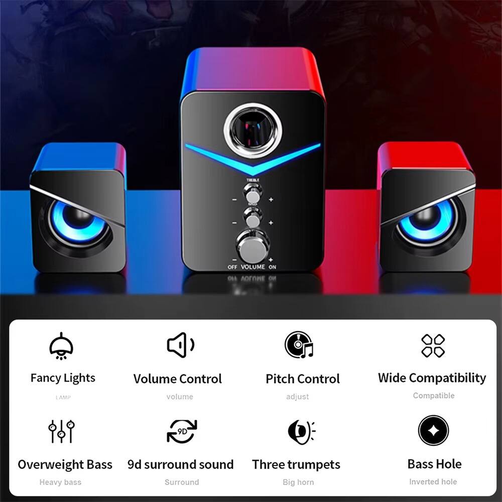 OFF VOLUME ON  
ON  
Fancy Lights LAMP  
Volume Control volume  
Pitch Control adjust  
Wide Compatibility Compatible  
9D  
Overweight Bass Heavy bass  
9d surround sound Three trumpets Surround Big horn  
Bass Hole Inverted hole