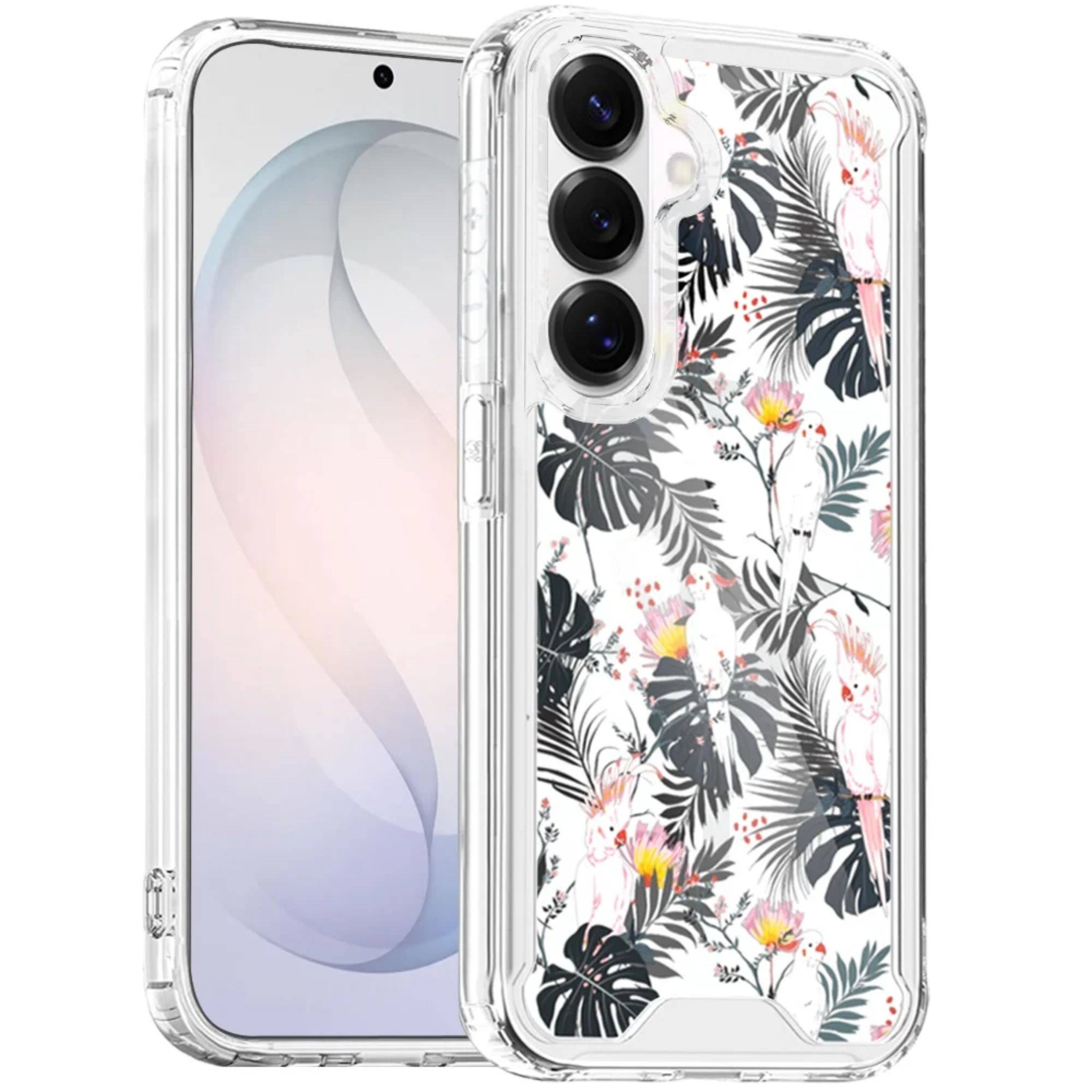 Angle. Kitcheniva - Cute Print Design On Clear TPU Cover Plus Tempered Glass For Samsung S26 FE Tropical Flamingo - Multicolor.
